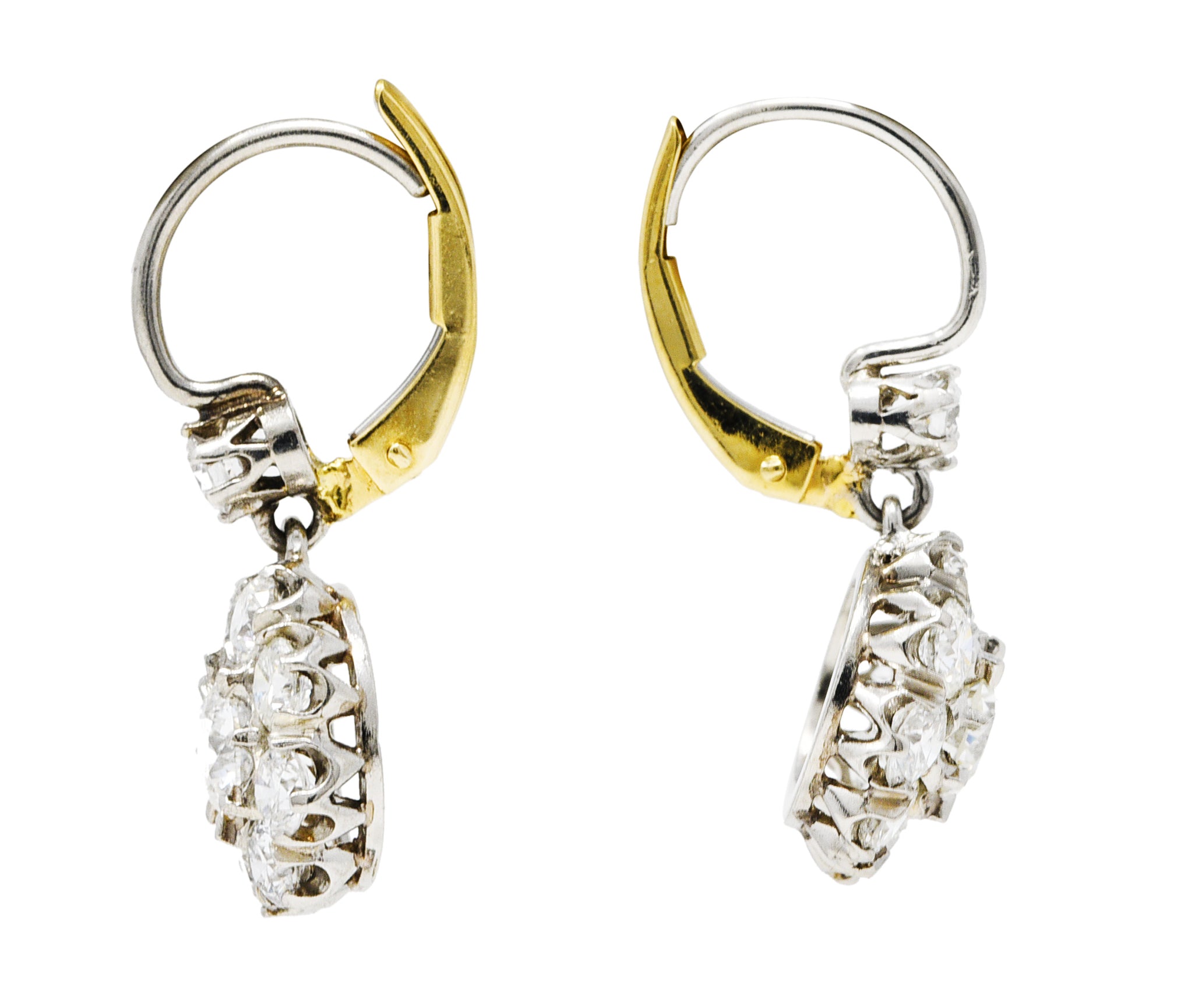 Mid-Century 2.80 CTW Diamond Platinum 14 Karat Gold Cluster Vintage Drop Earrings Wilson's Estate Jewelry