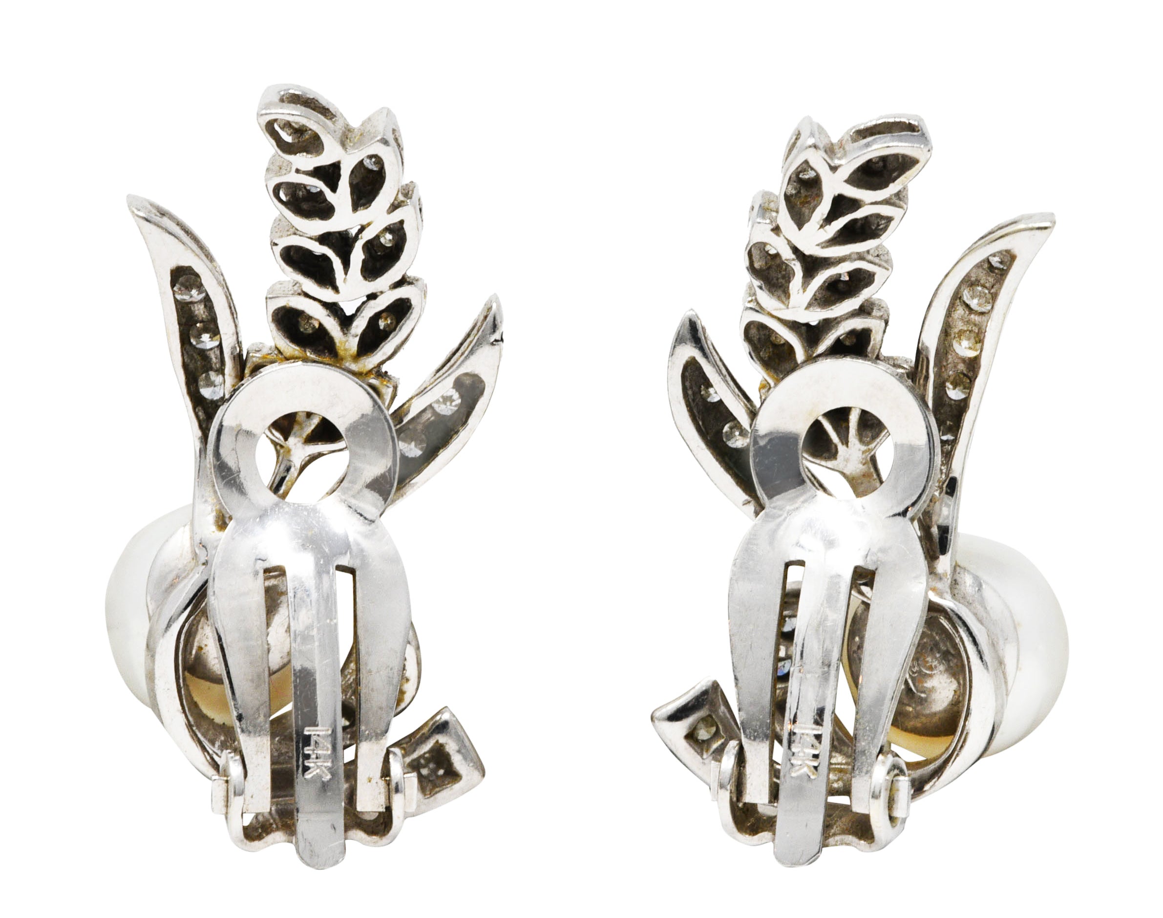 Mid-Century Pearl Diamond 14 Karat White Gold Foliate Ear-Clip Earrings Wilson's Estate Jewelry