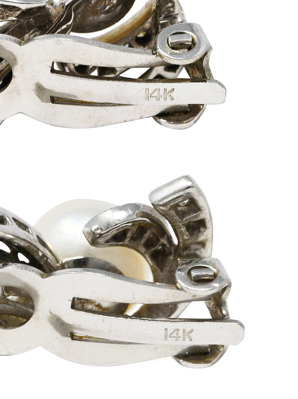 Mid-Century Pearl Diamond 14 Karat White Gold Foliate Ear-Clip Earrings Wilson's Estate Jewelry