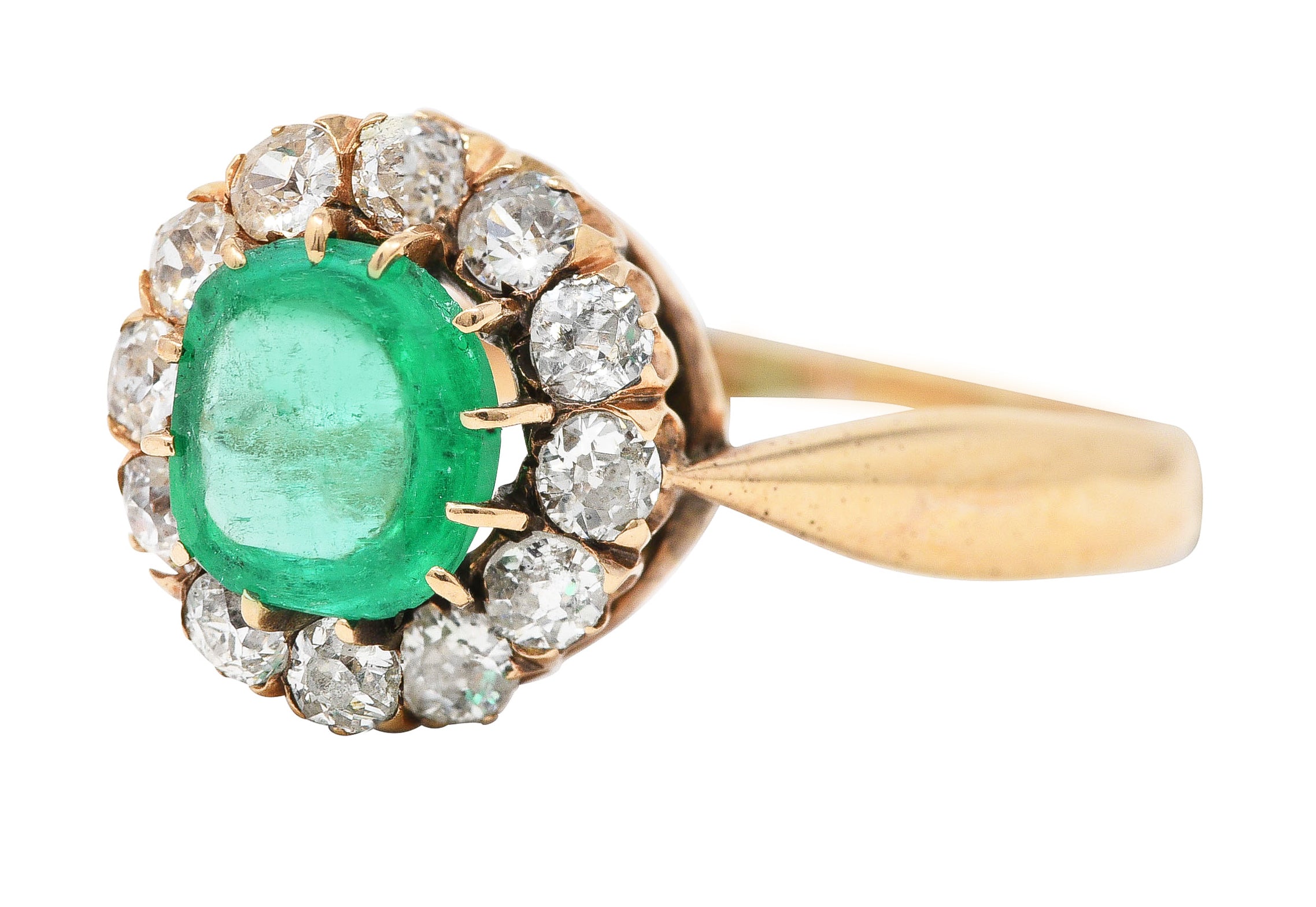 Victorian 1.33 CTW Cushion Cut Emerald Old Mine Cut Diamond 14 Karat Yellow Gold Antique Ring Wilson's Estate Jewelry