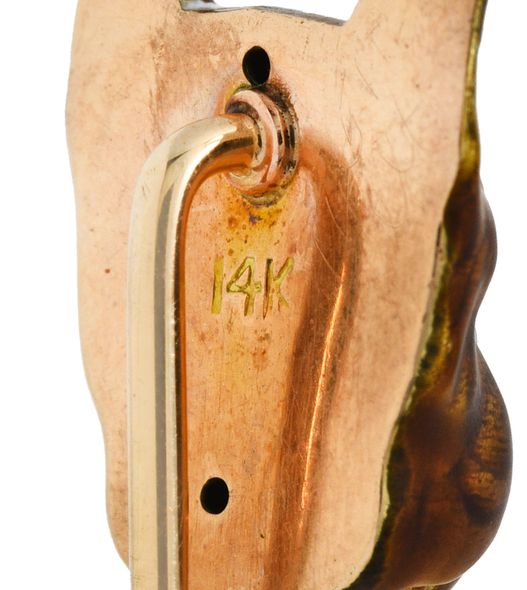 Edwardian Ruby Guilloche Enamel 14 Karat Yellow Gold French Bulldog Antique Stickpin Wilson's Estate Jewelry