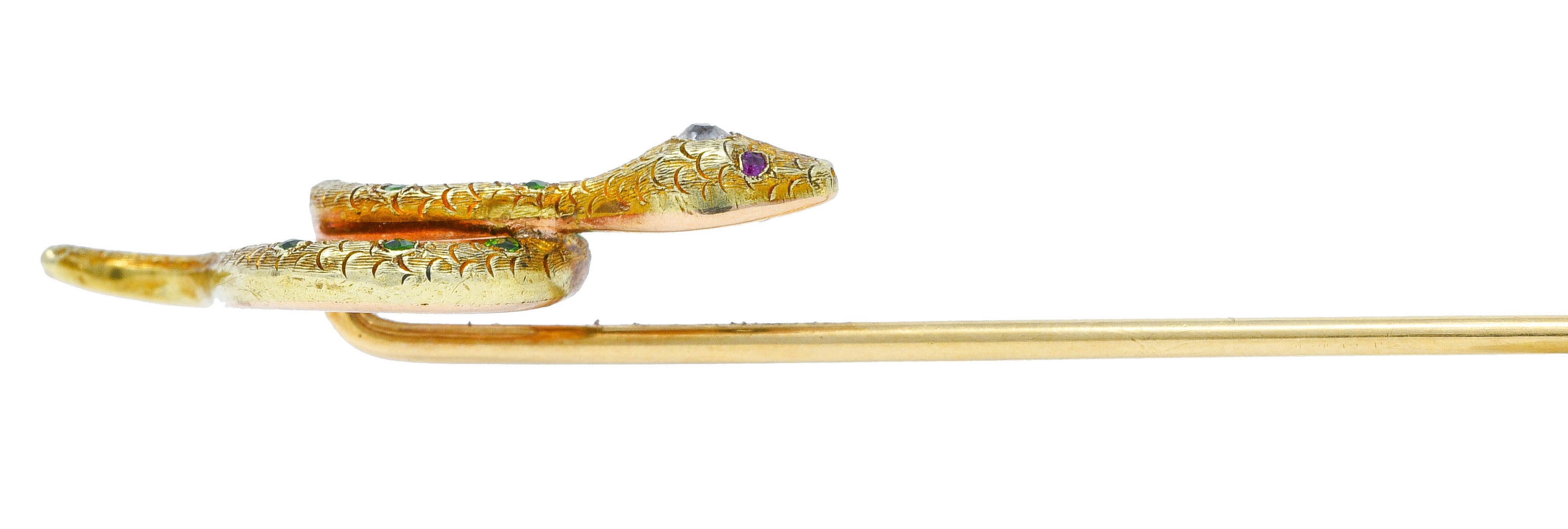 Art Nouveau Diamond Demantoid Garnet 18 Karat Gold Snake StickpinStick Pin - Wilson's Estate Jewelry