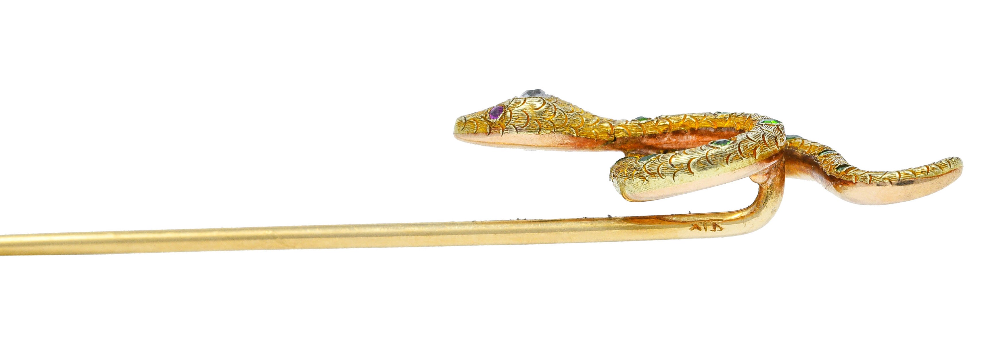 Art Nouveau Diamond Demantoid Garnet 18 Karat Gold Snake StickpinStick Pin - Wilson's Estate Jewelry