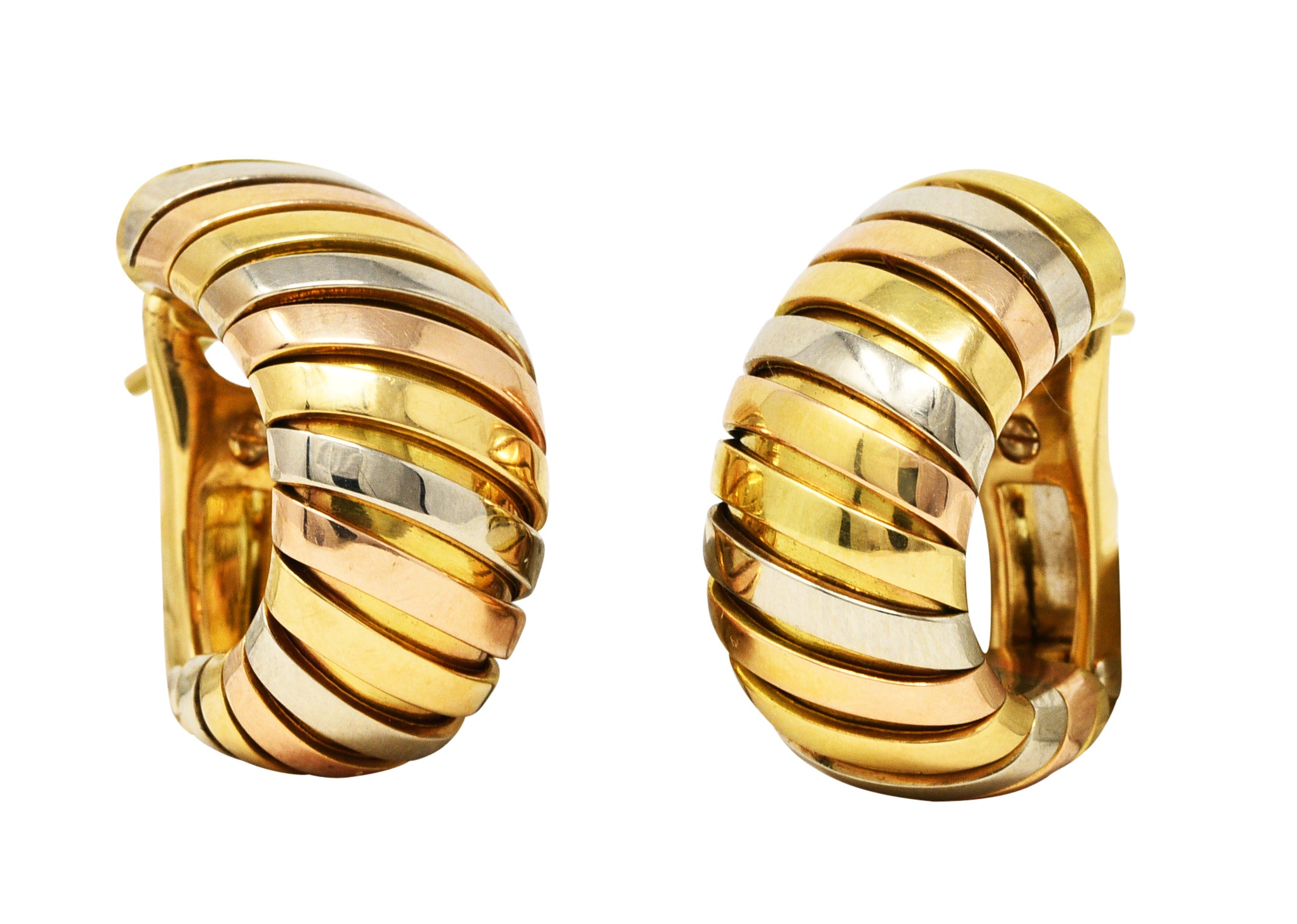 Bulgari 18 Karat Tri-Gold Tubogas J-Hoop Vintage Ear-Clip Earrings Wilson's Estate Jewelry