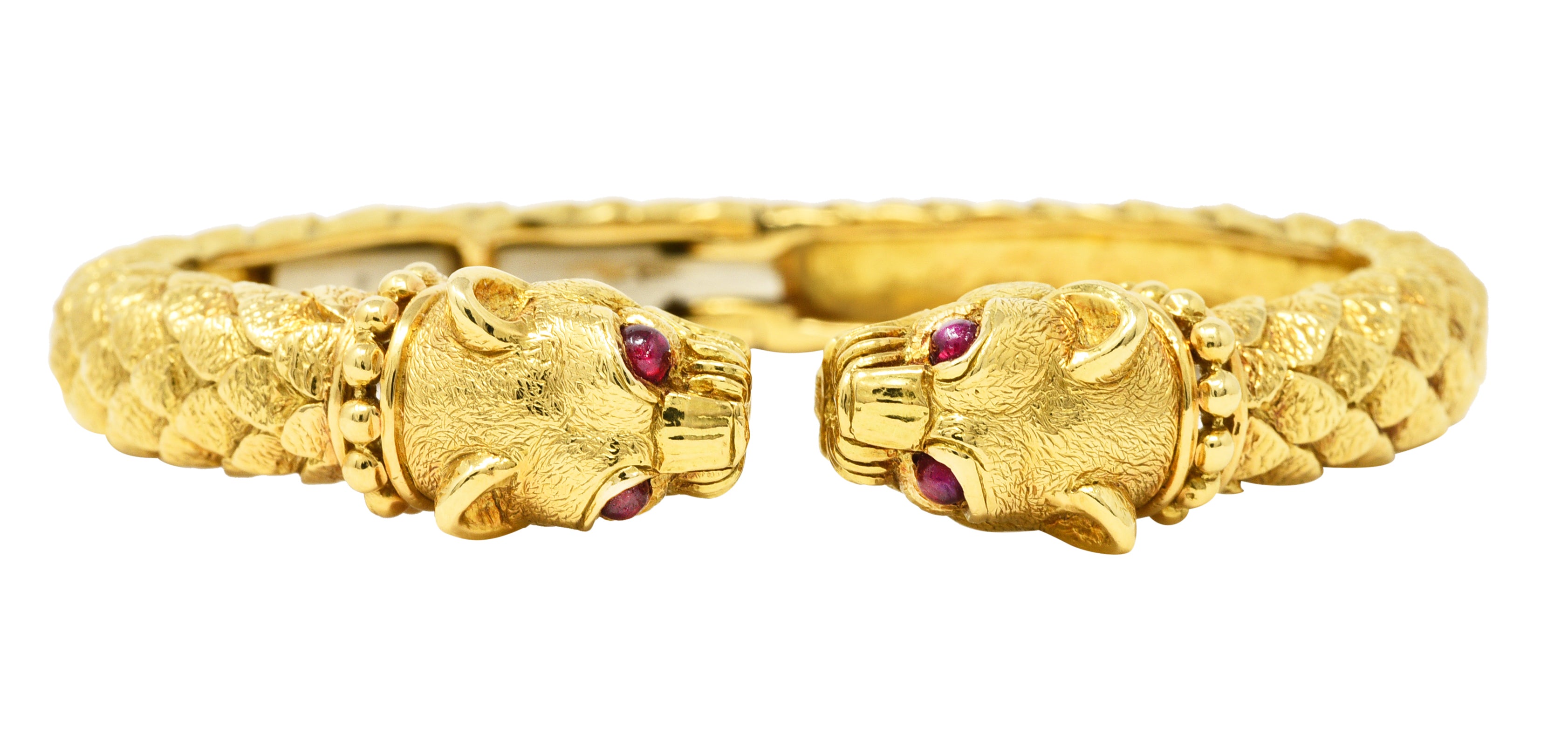 David Webb Ruby 18 Karat Yellow Gold Panther Head Kingdom Cuff Bracelet Wilson's Estate Jewelry