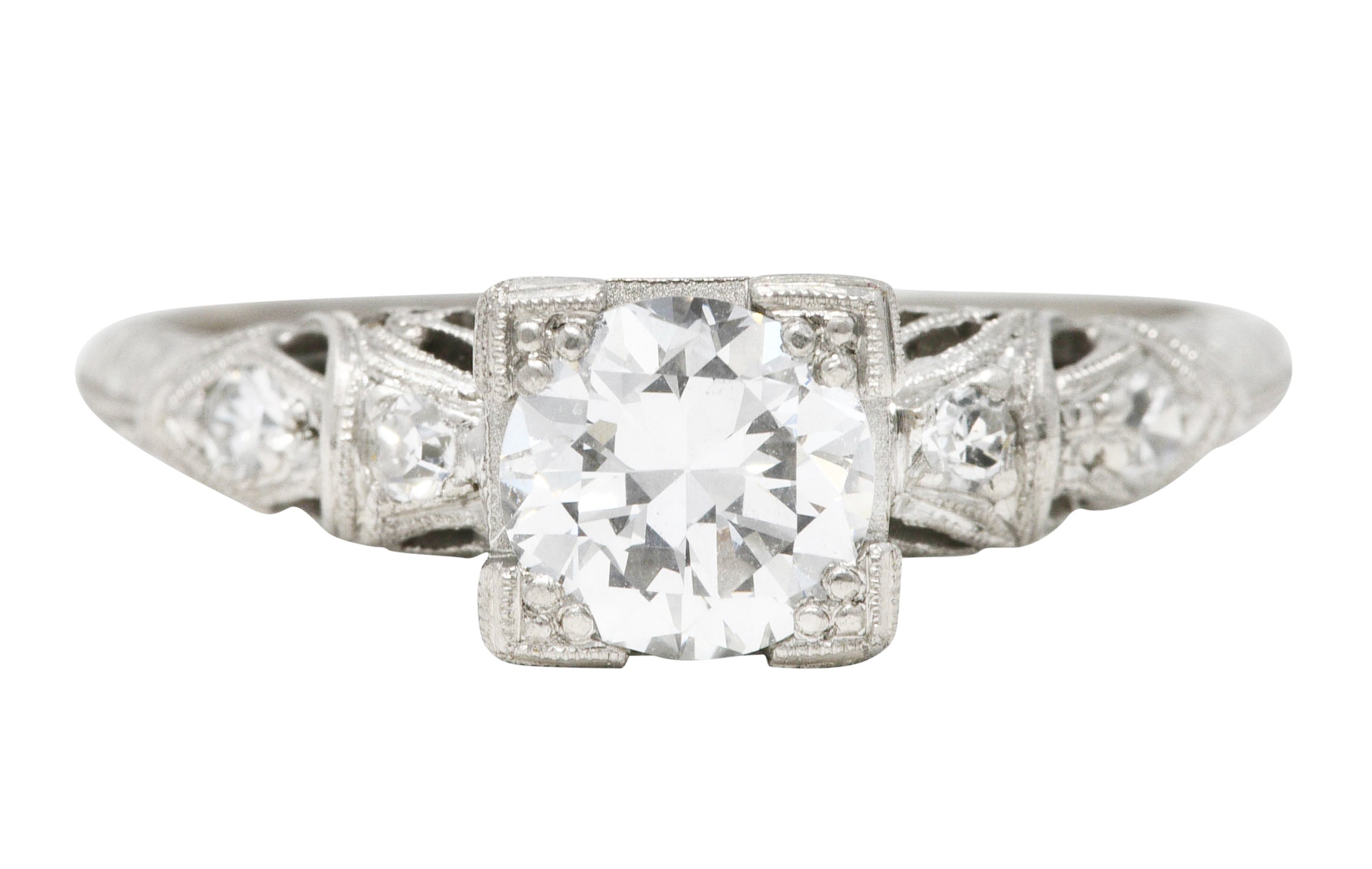 Art Deco Transitional Cut 0.92 CTW Diamond Platinum Square Form Ornate Engagement Ring Wilson's Estate Jewelry