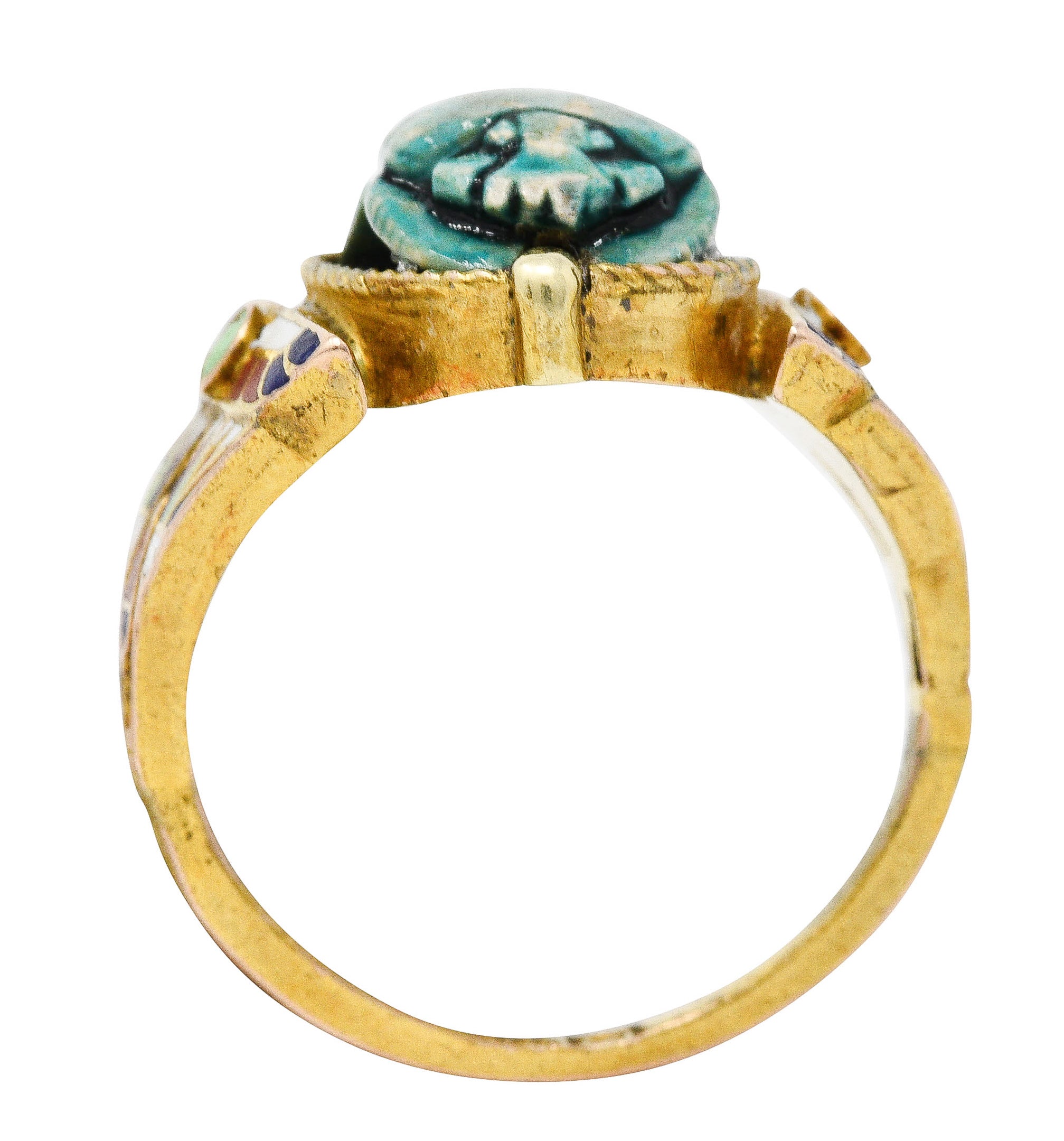 Art Deco Egyptian Revival Enamel Hardstone 14 Karat Gold Scarab RingRing - Wilson's Estate Jewelry