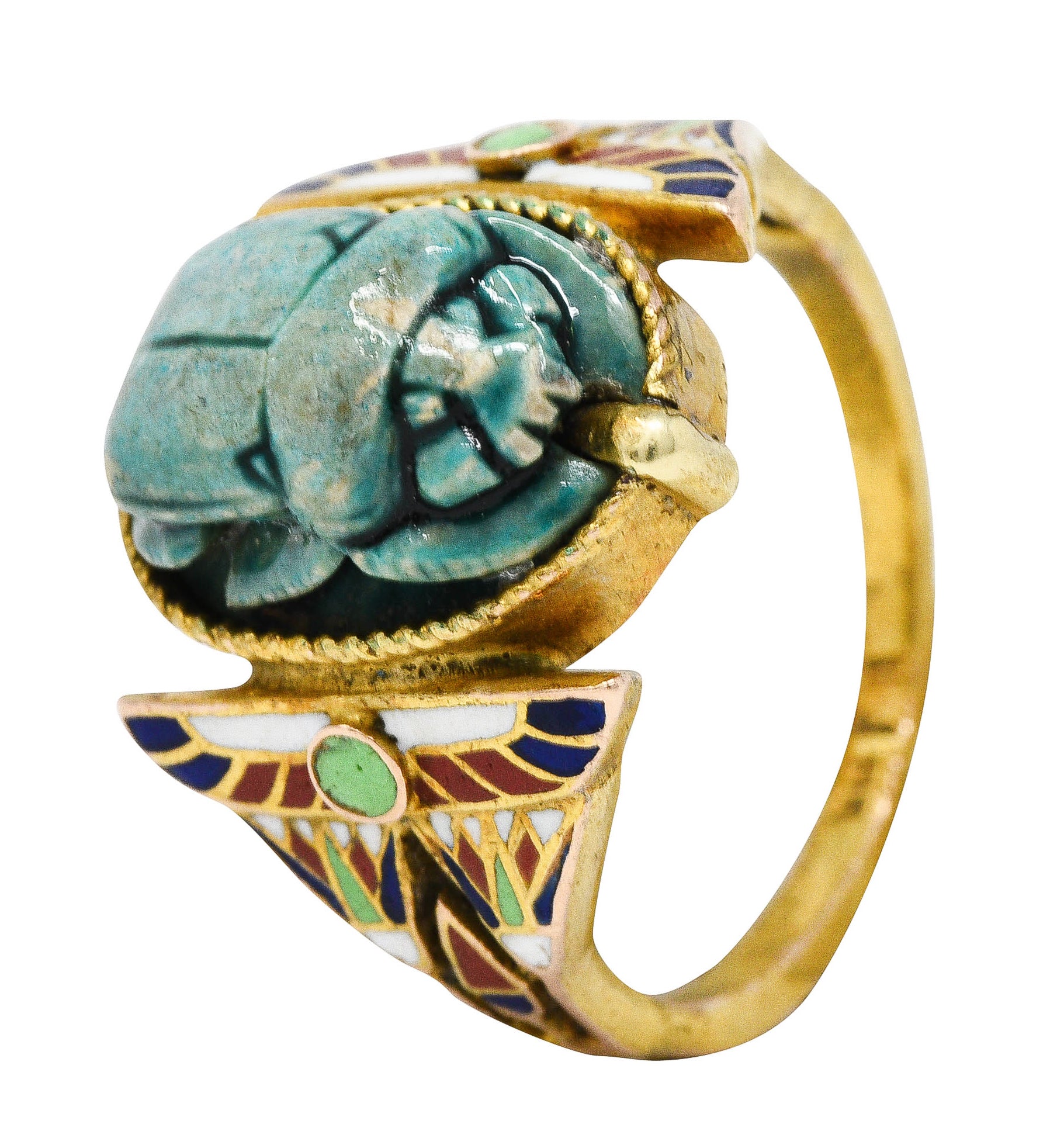 Art Deco Egyptian Revival Enamel Hardstone 14 Karat Gold Scarab RingRing - Wilson's Estate Jewelry