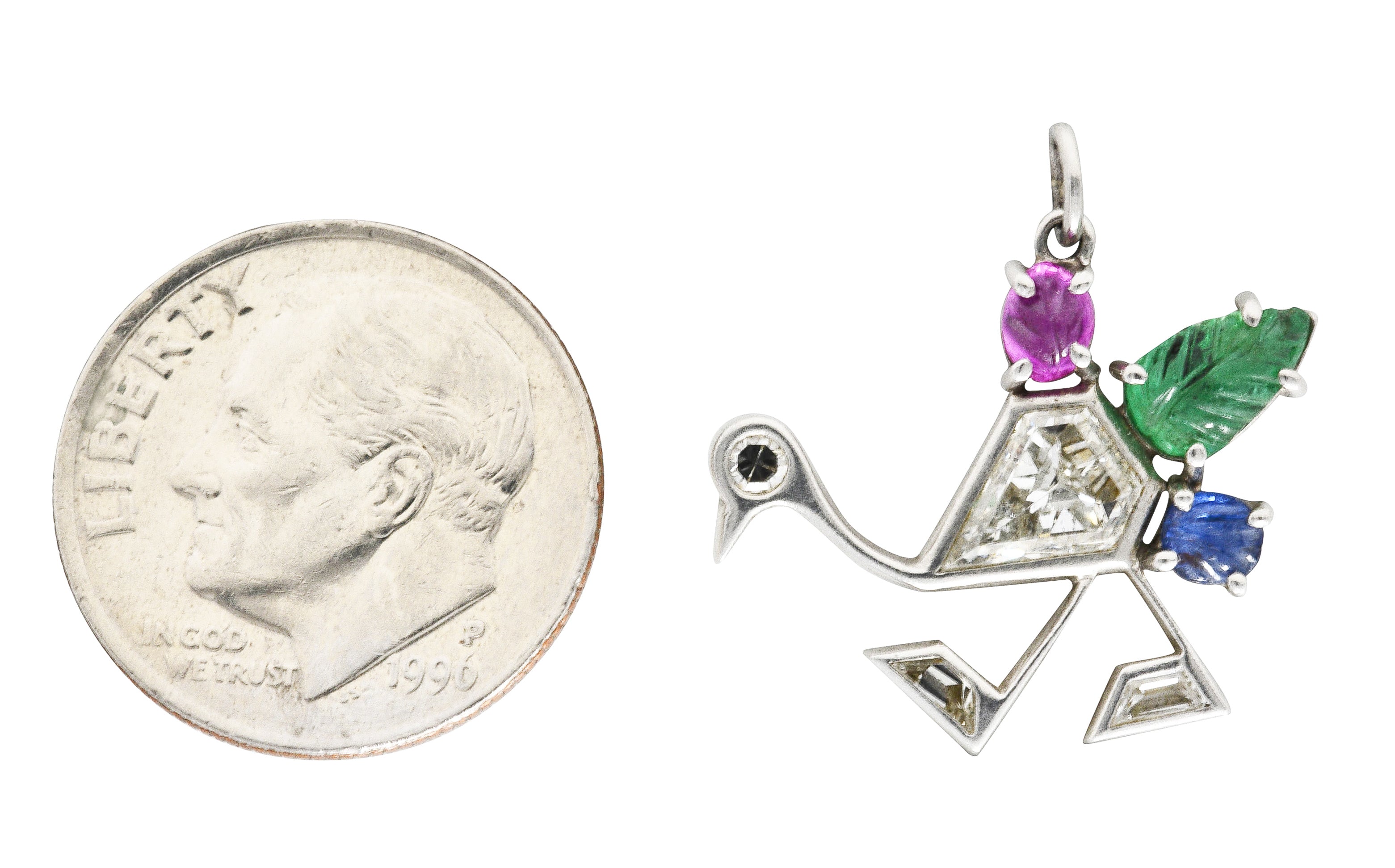 Art Deco 1.22 CTW Diamond Mughal Carved Sapphire Emerald Ruby Platinum Peacock Charm Wilson's Estate Jewelry