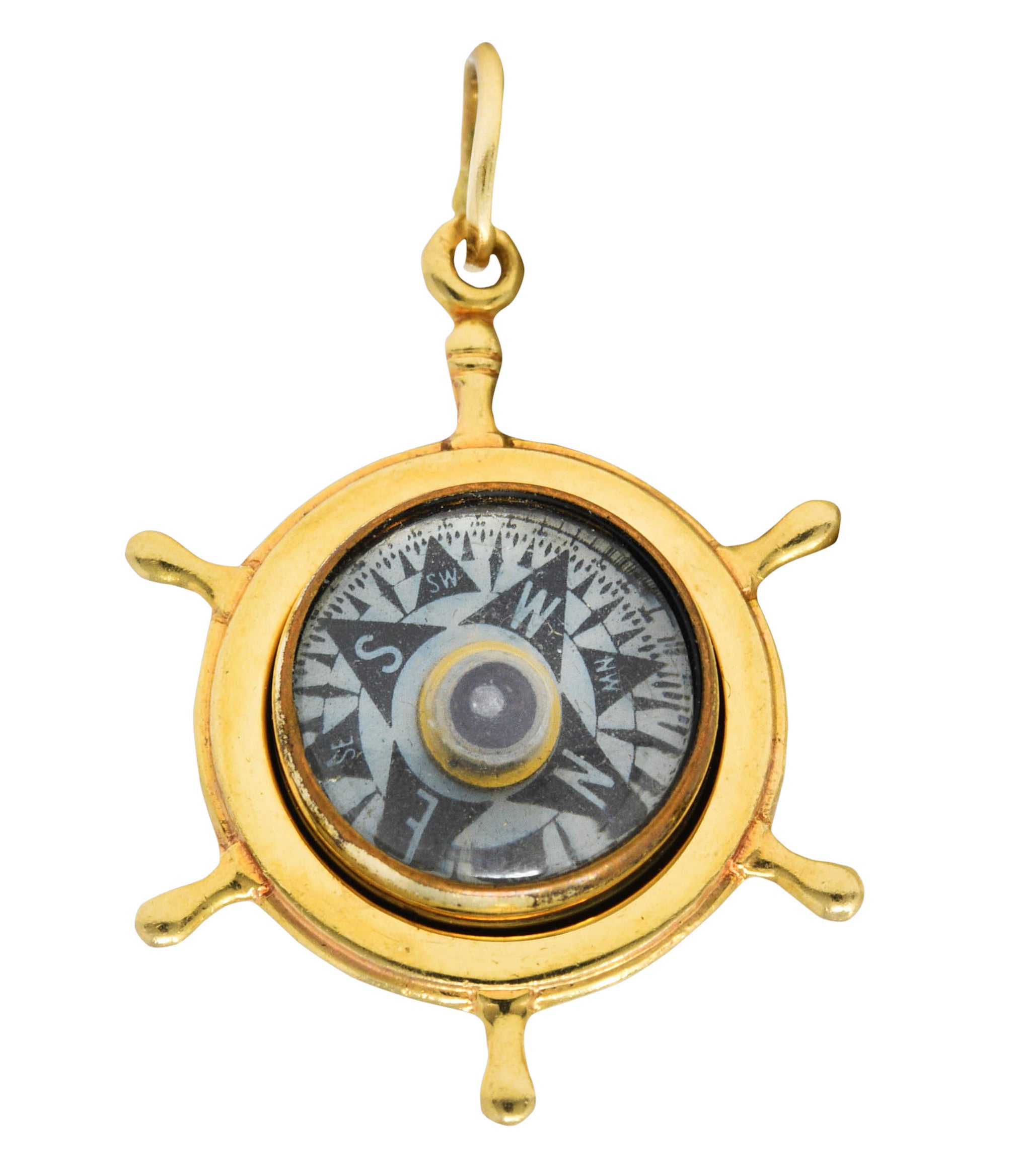 1960 His Lordship Prod's Co. 14 Karat Yellow Gold Rock Crystal Quartz Nautical Wheel Compass Vintage Charm Wilson's Estate Jewelry