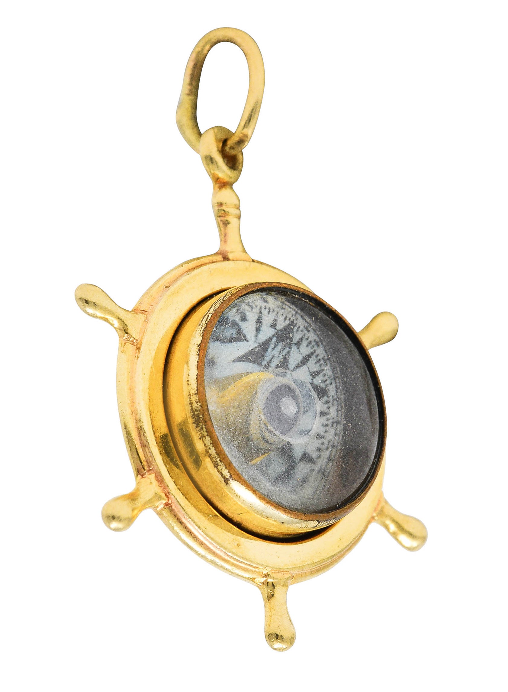 1960 His Lordship Prod's Co. 14 Karat Yellow Gold Rock Crystal Quartz Nautical Wheel Compass Vintage Charm Wilson's Estate Jewelry