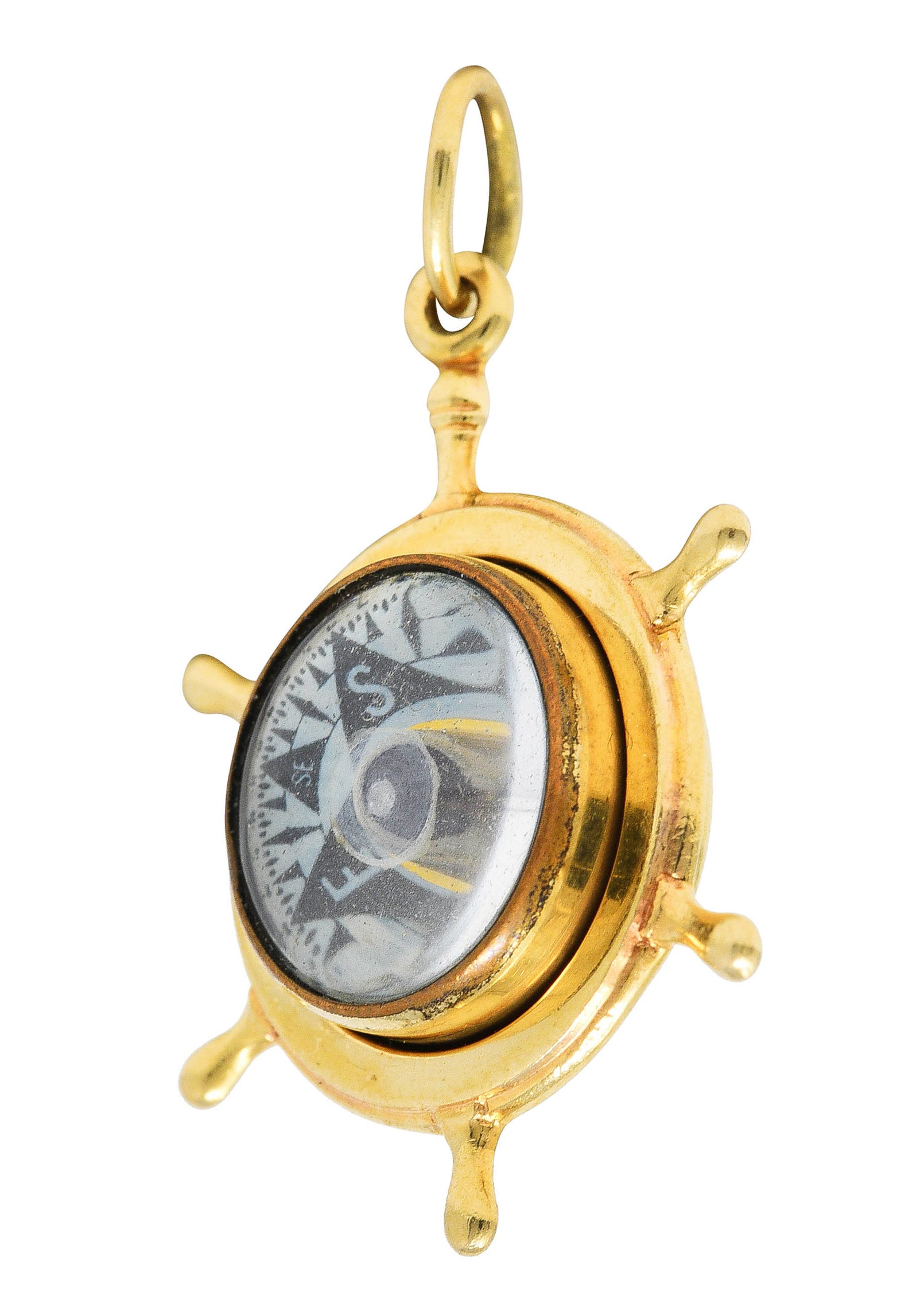 1960 His Lordship Prod's Co. 14 Karat Yellow Gold Rock Crystal Quartz Nautical Wheel Compass Vintage Charm Wilson's Estate Jewelry