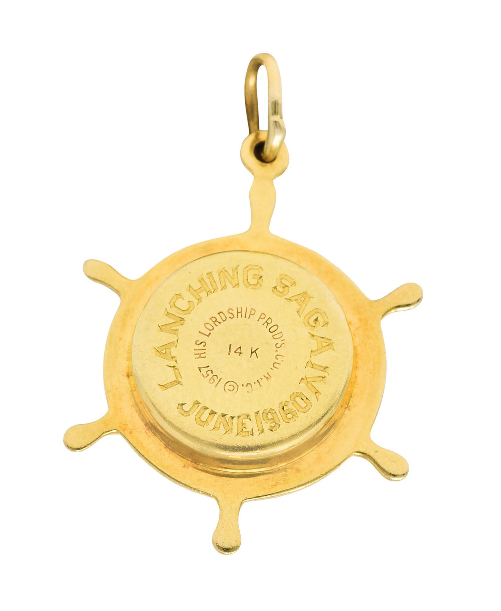 1960 His Lordship Prod's Co. 14 Karat Yellow Gold Rock Crystal Quartz Nautical Wheel Compass Vintage Charm Wilson's Estate Jewelry