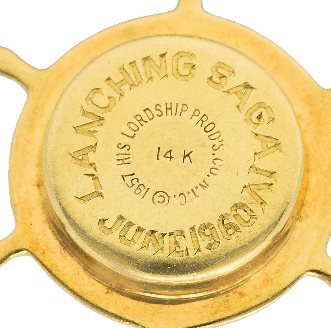 1960 His Lordship Prod's Co. 14 Karat Yellow Gold Rock Crystal Quartz Nautical Wheel Compass Vintage Charm Wilson's Estate Jewelry