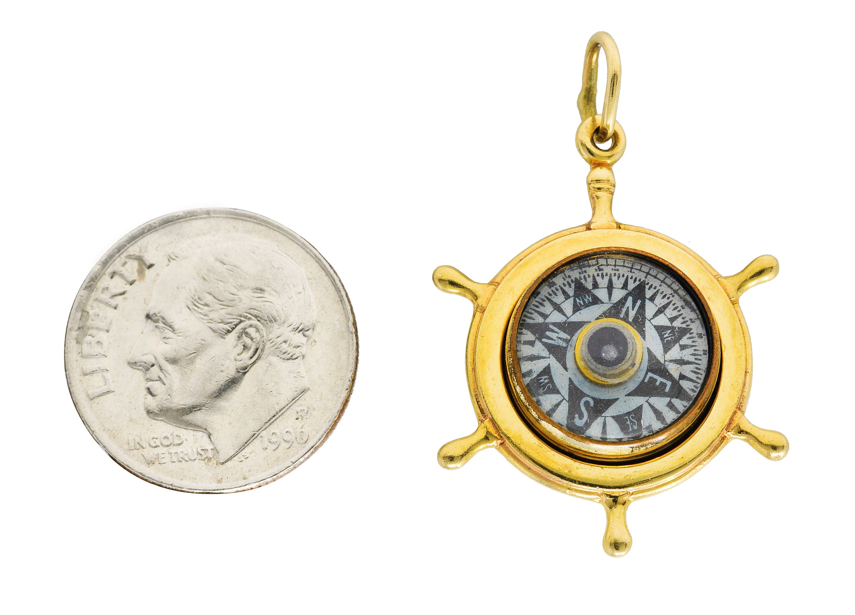 1960 His Lordship Prod's Co. 14 Karat Yellow Gold Rock Crystal Quartz Nautical Wheel Compass Vintage Charm Wilson's Estate Jewelry