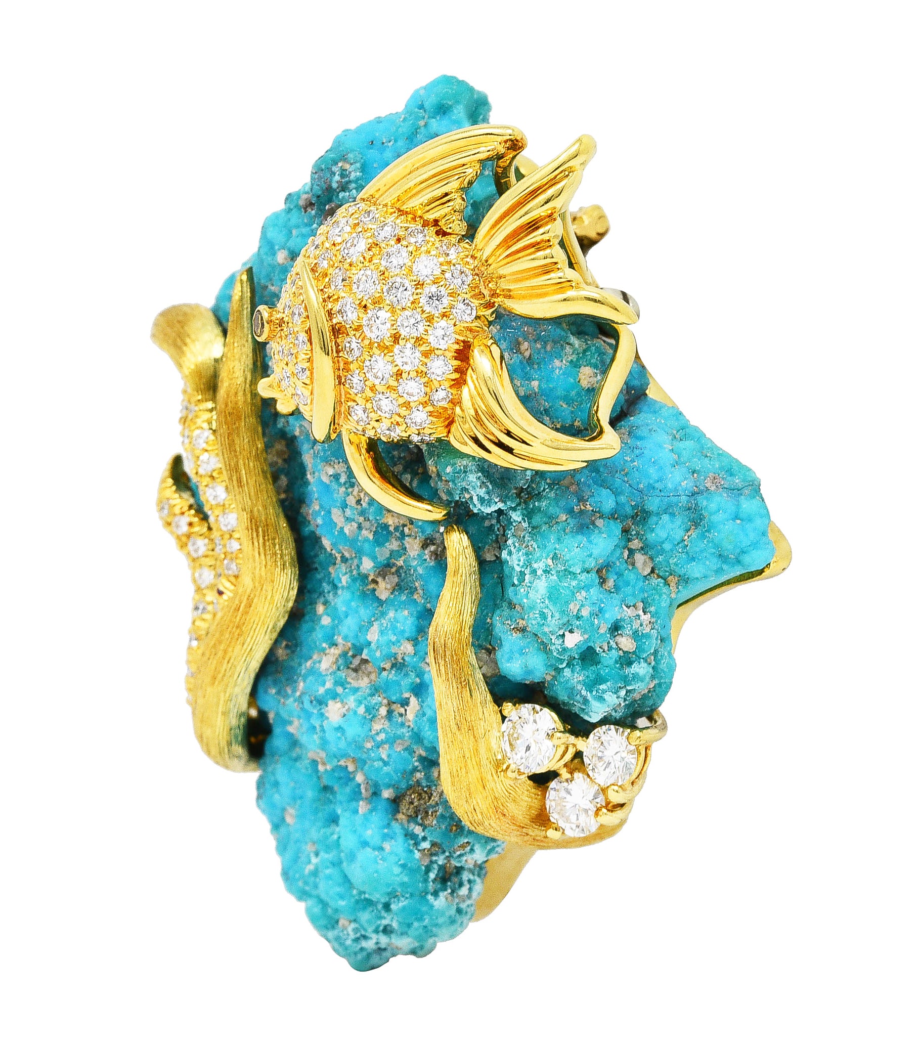 1970's Henry Dunay Turquoise 2.00 CTW Diamond & Fancy Yellow Diamond 18 Karat Yellow Gold Fish Brooch Wilson's Estate Jewelry