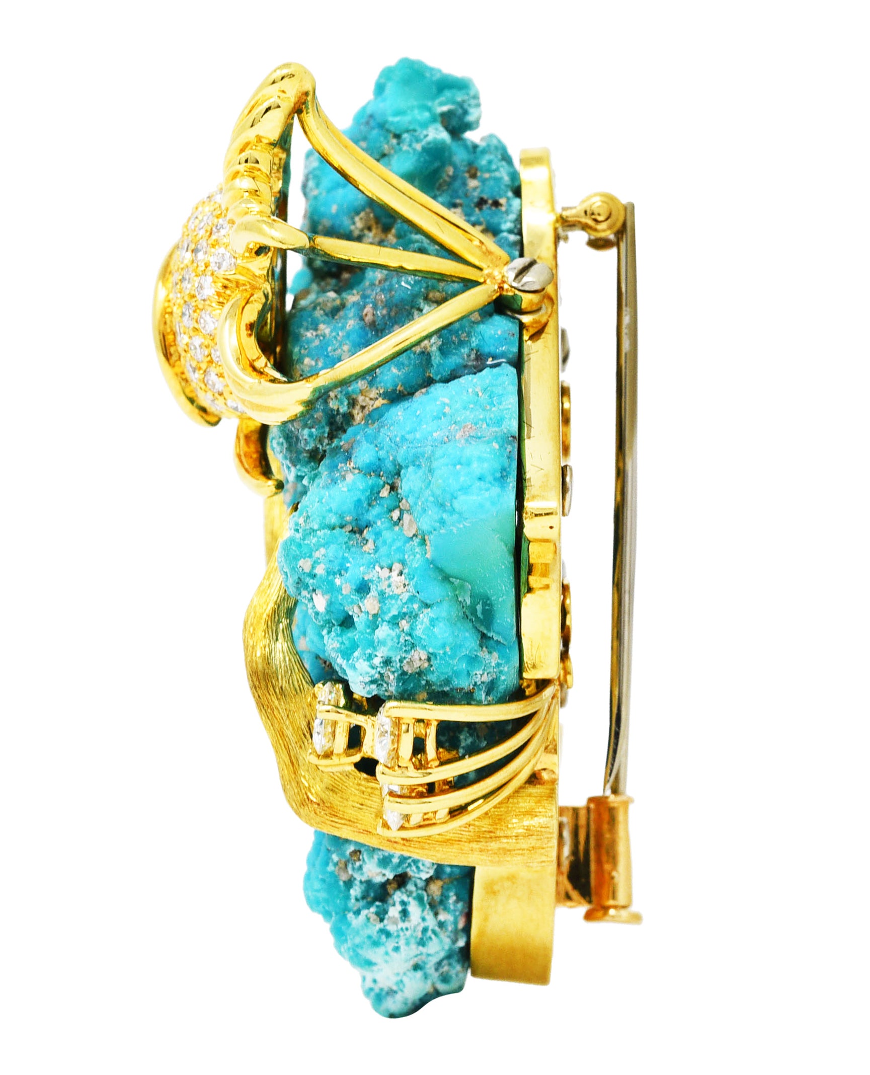 1970's Henry Dunay Turquoise 2.00 CTW Diamond & Fancy Yellow Diamond 18 Karat Yellow Gold Fish Brooch Wilson's Estate Jewelry