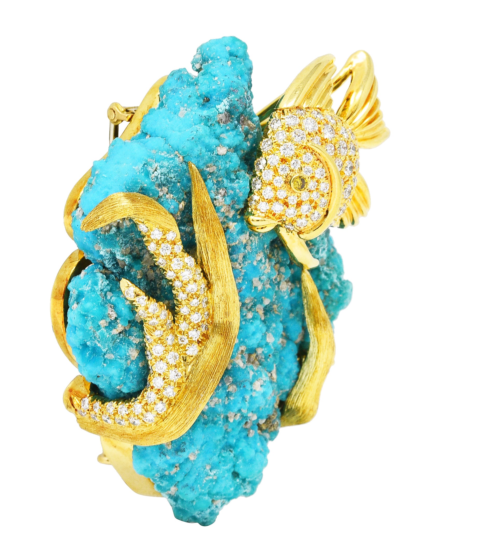 1970's Henry Dunay Turquoise 2.00 CTW Diamond & Fancy Yellow Diamond 18 Karat Yellow Gold Fish Brooch Wilson's Estate Jewelry