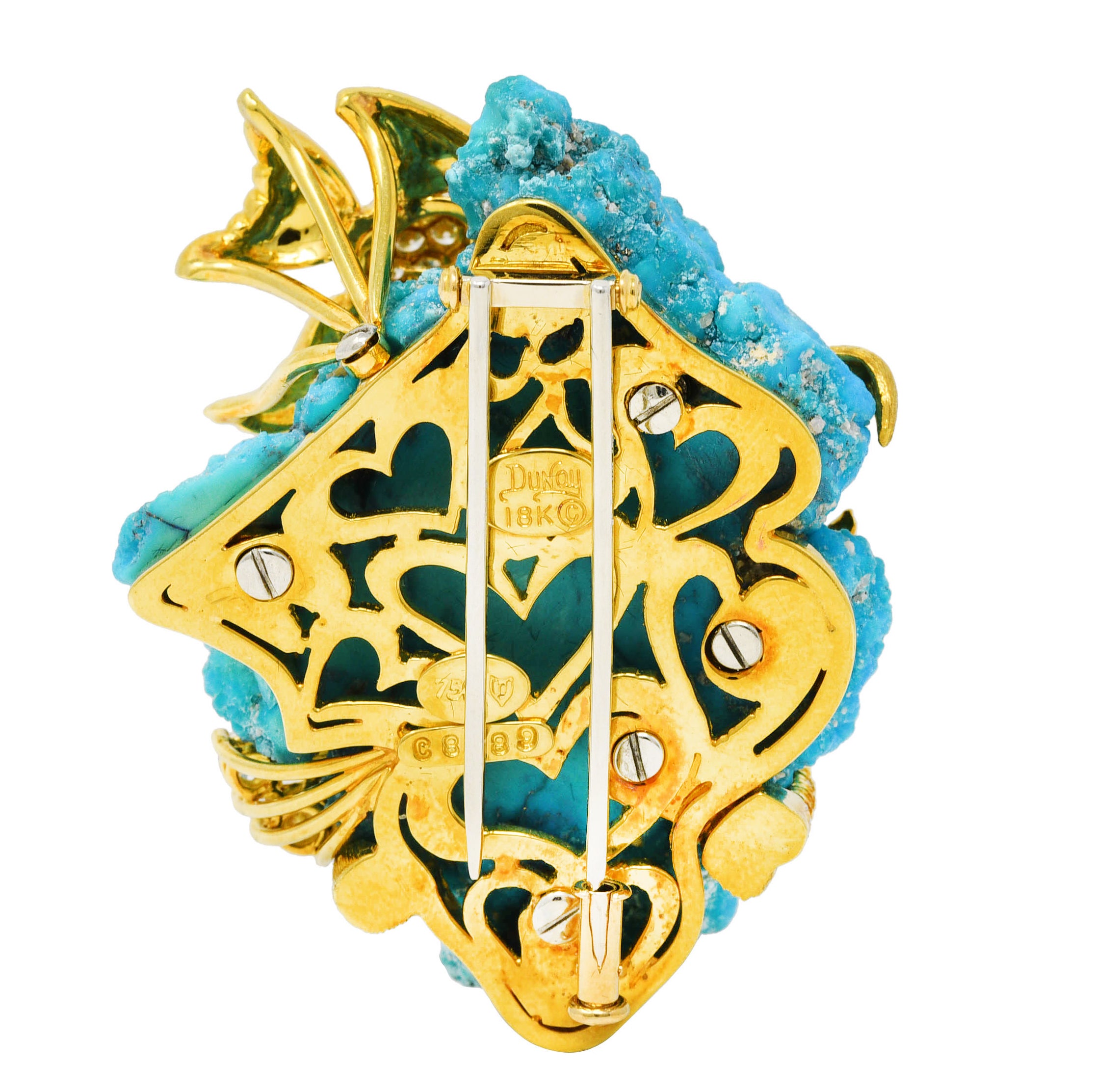 1970's Henry Dunay Turquoise 2.00 CTW Diamond & Fancy Yellow Diamond 18 Karat Yellow Gold Fish Brooch Wilson's Estate Jewelry