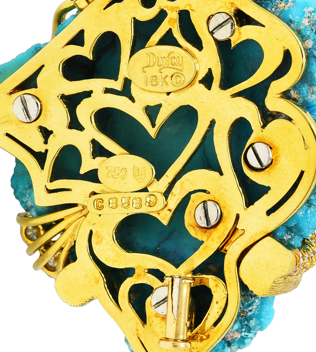 1970's Henry Dunay Turquoise 2.00 CTW Diamond & Fancy Yellow Diamond 18 Karat Yellow Gold Fish Brooch Wilson's Estate Jewelry