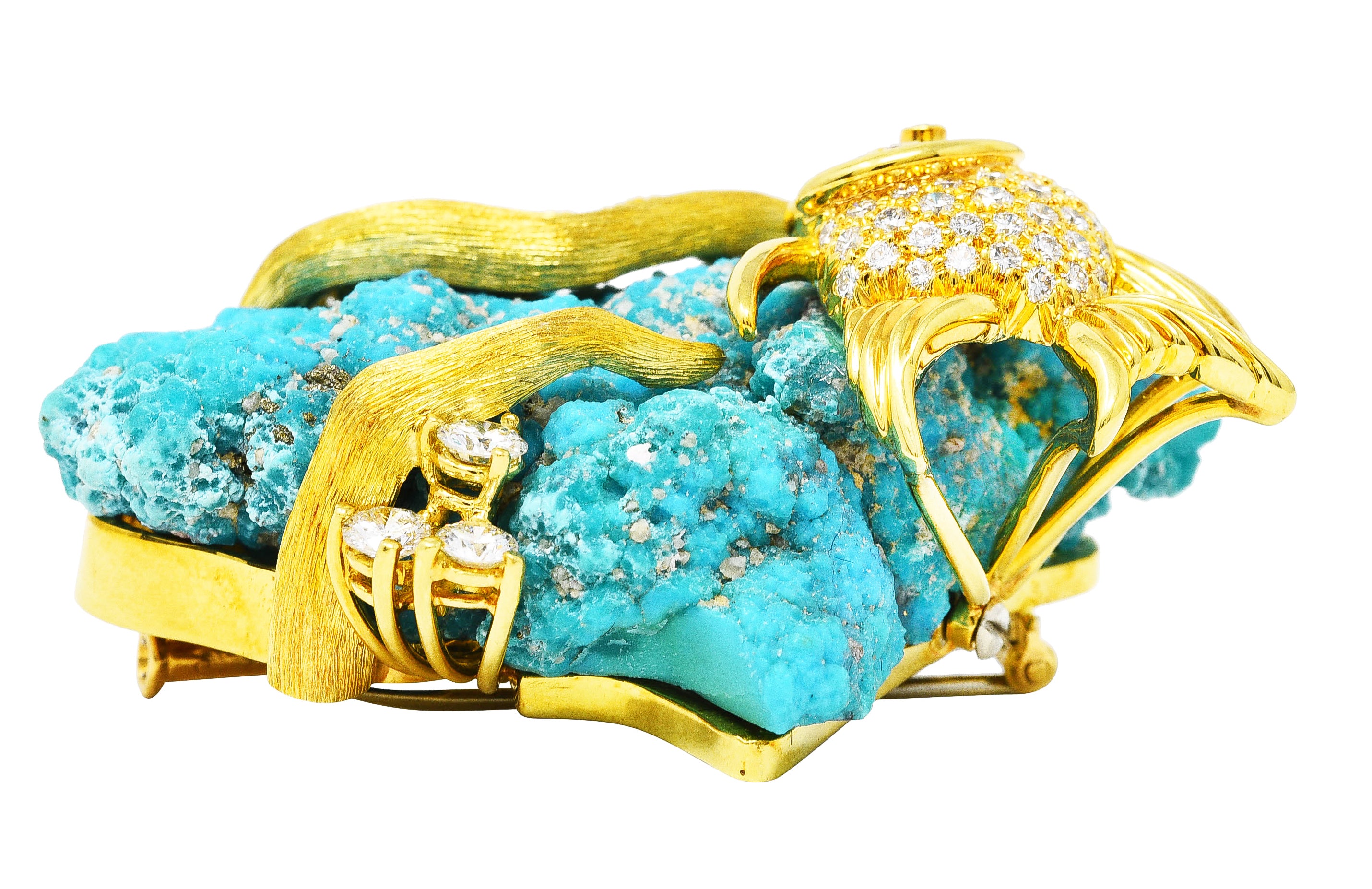 1970's Henry Dunay Turquoise 2.00 CTW Diamond & Fancy Yellow Diamond 18 Karat Yellow Gold Fish Brooch Wilson's Estate Jewelry