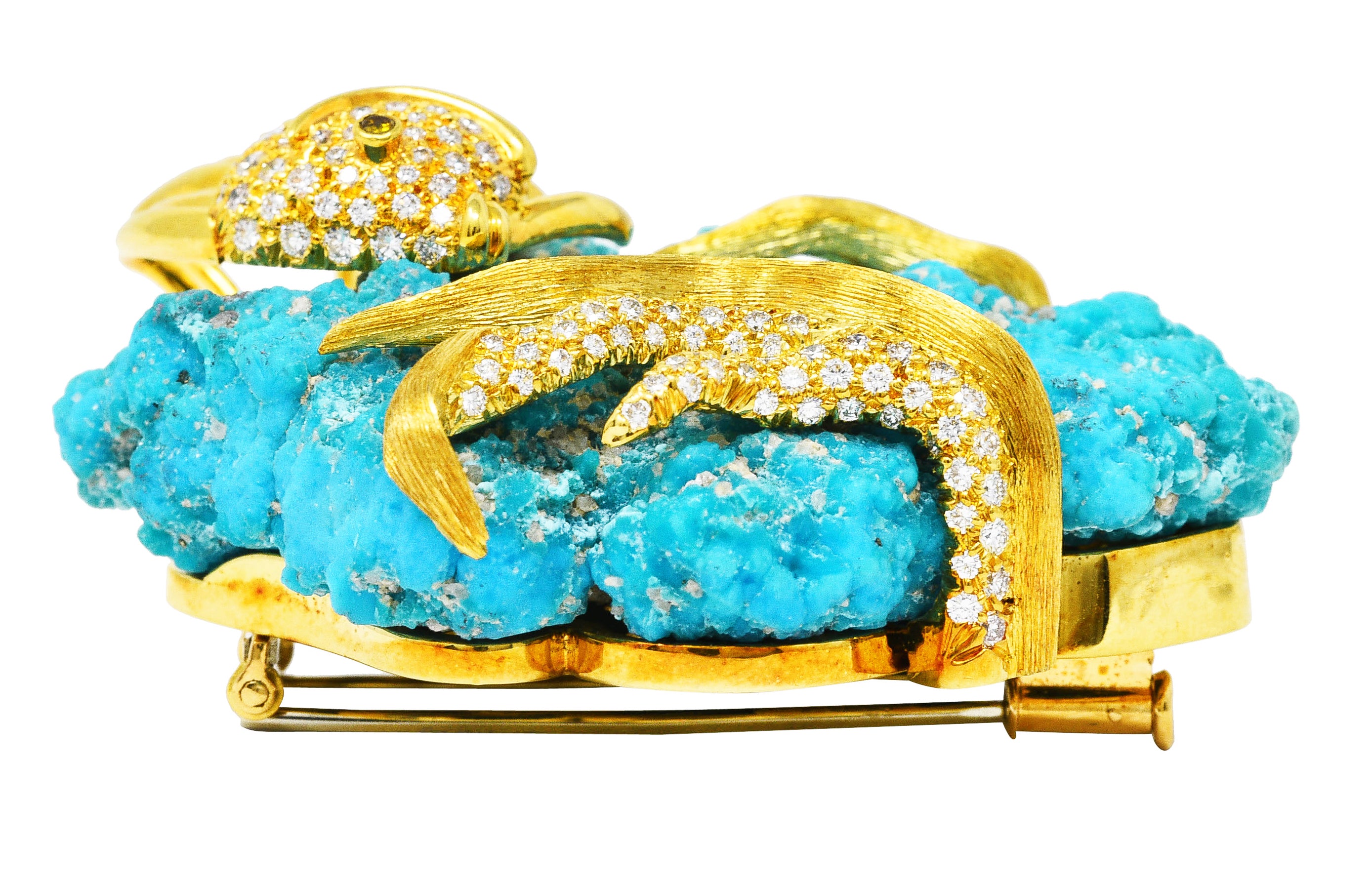 1970's Henry Dunay Turquoise 2.00 CTW Diamond & Fancy Yellow Diamond 18 Karat Yellow Gold Fish Brooch Wilson's Estate Jewelry