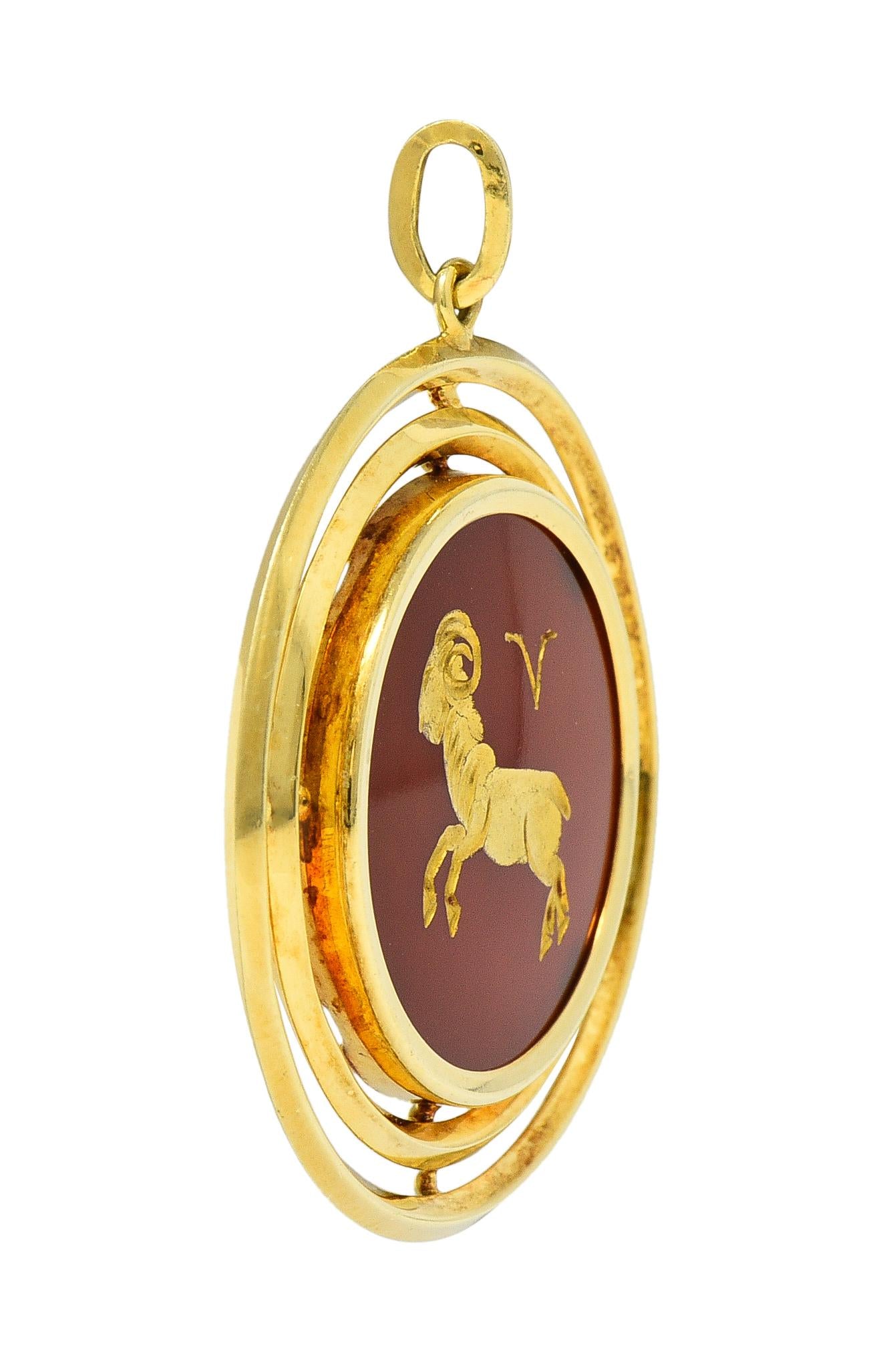 1970's Carnelian 14 Karat Yellow Gold Aries Zodiac Intaglio Vintage Pendant