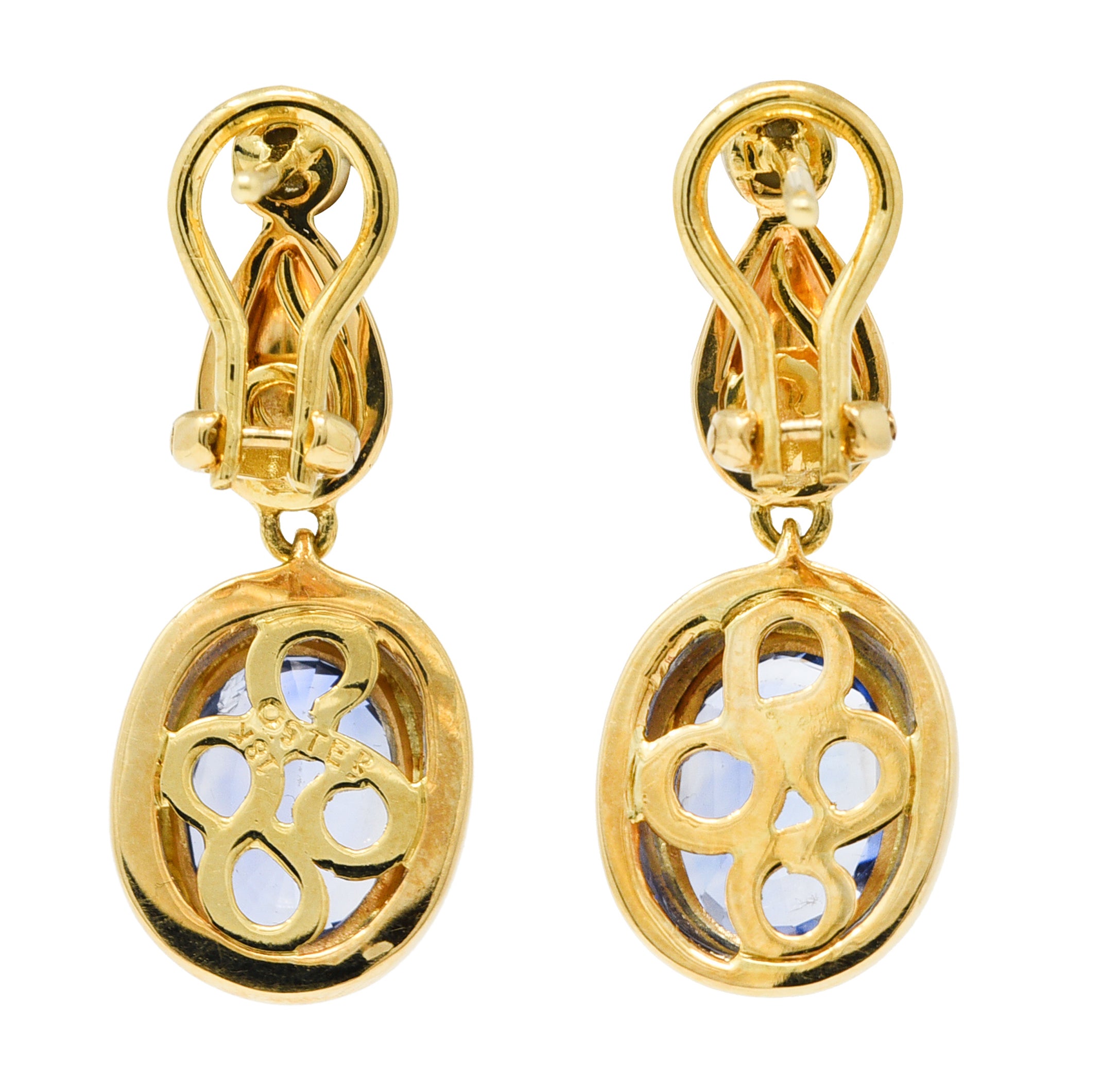 Contemporary 6.86 CTW Blue Sapphire Diamond 18 Karat Yellow Gold Drop Earrings Wilson's Estate Jewelry