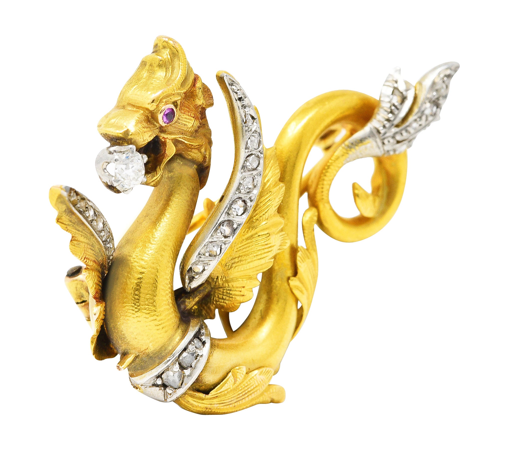 .11111 Art Nouveau Diamond Ruby Platinum-Topped 14 Karat Yellow Gold Scrolling Dragon Antique Pendant Brooch Wilson's Estate Jewelry