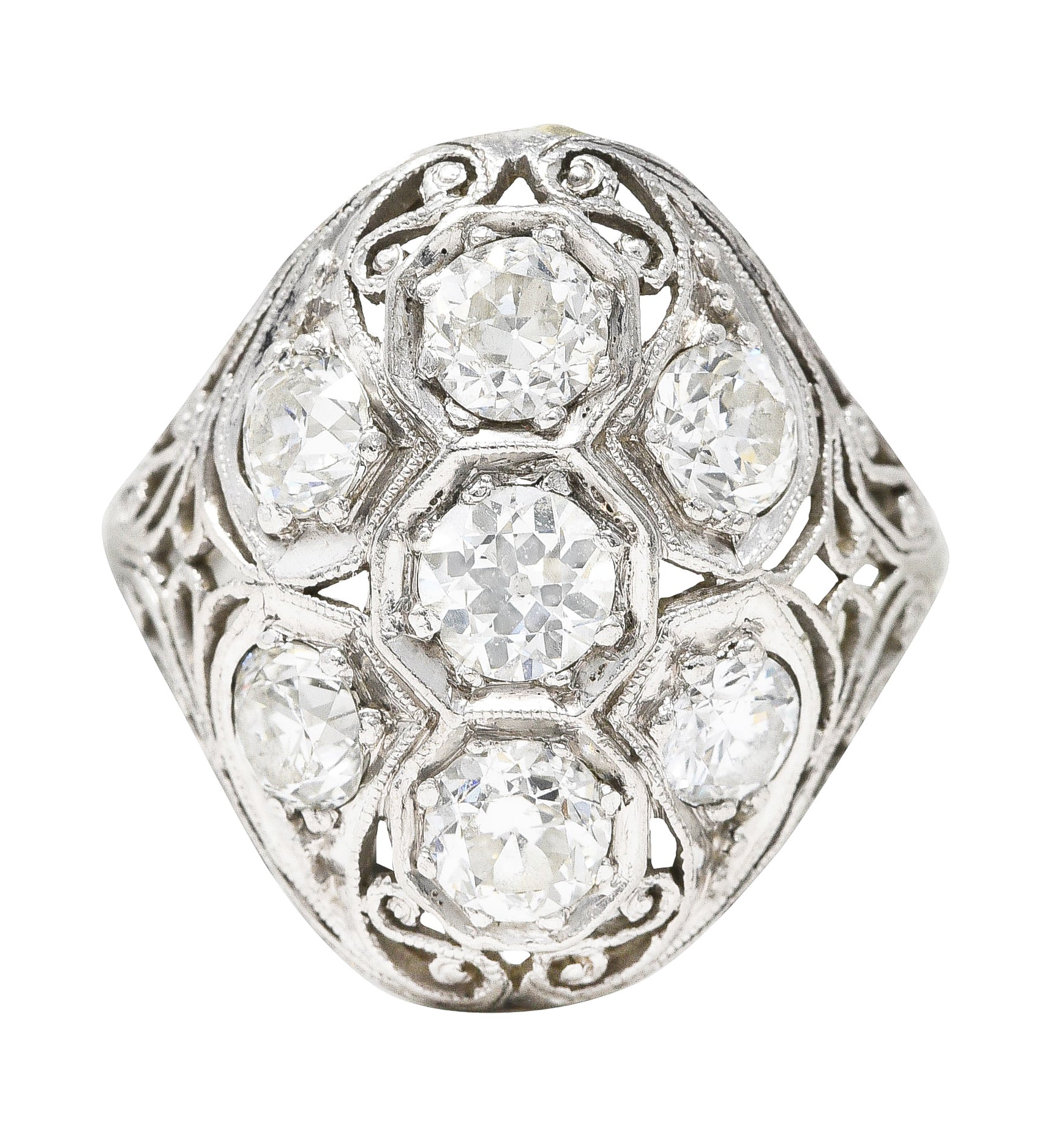 Edwardian 1.93 CTW Old European Cut Diamond Platinum Scrolling Antique Clustered Dinner Ring Wilson's Estate Jewelry