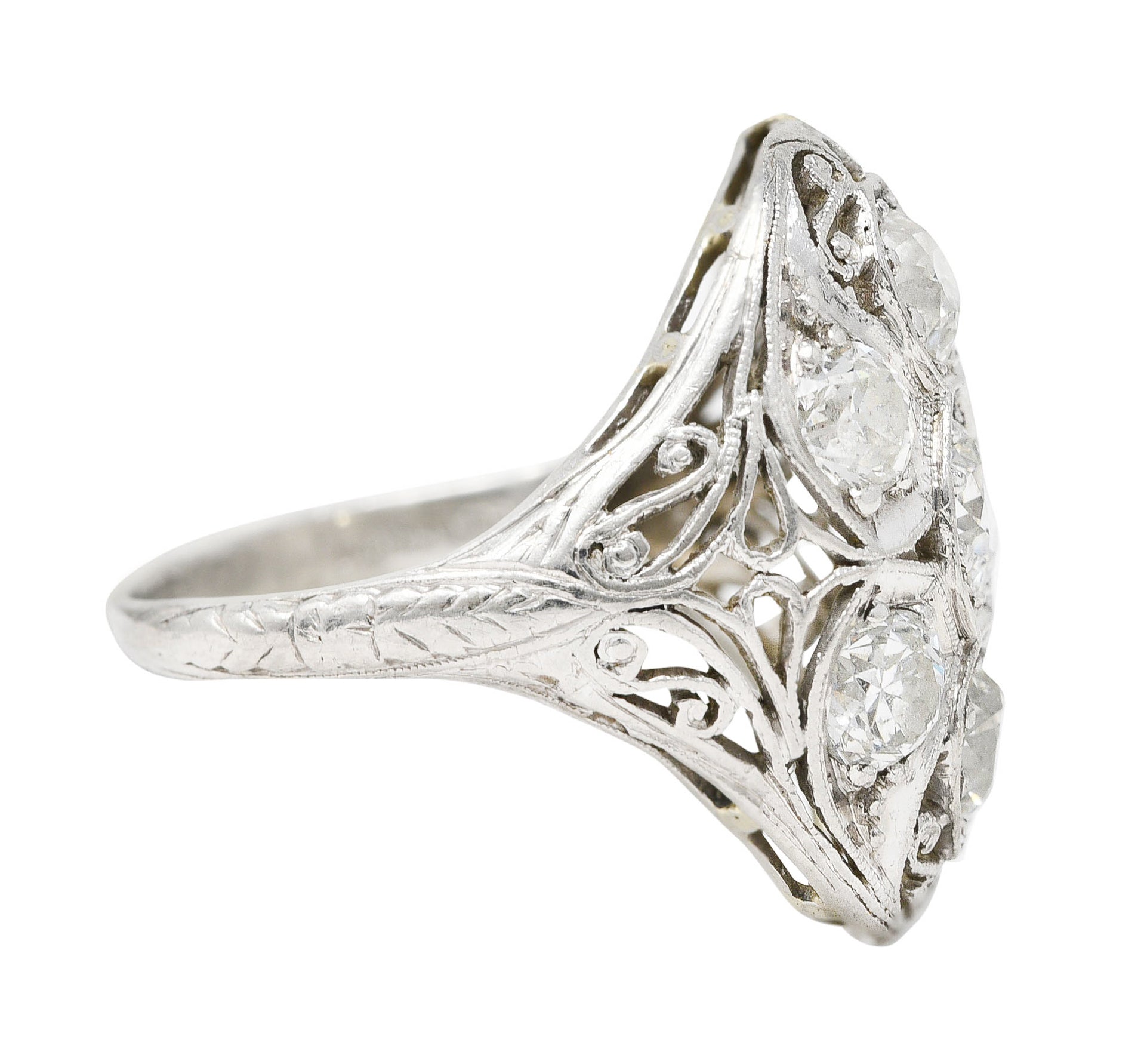 Edwardian 1.93 CTW Old European Cut Diamond Platinum Scrolling Antique Clustered Dinner Ring Wilson's Estate Jewelry
