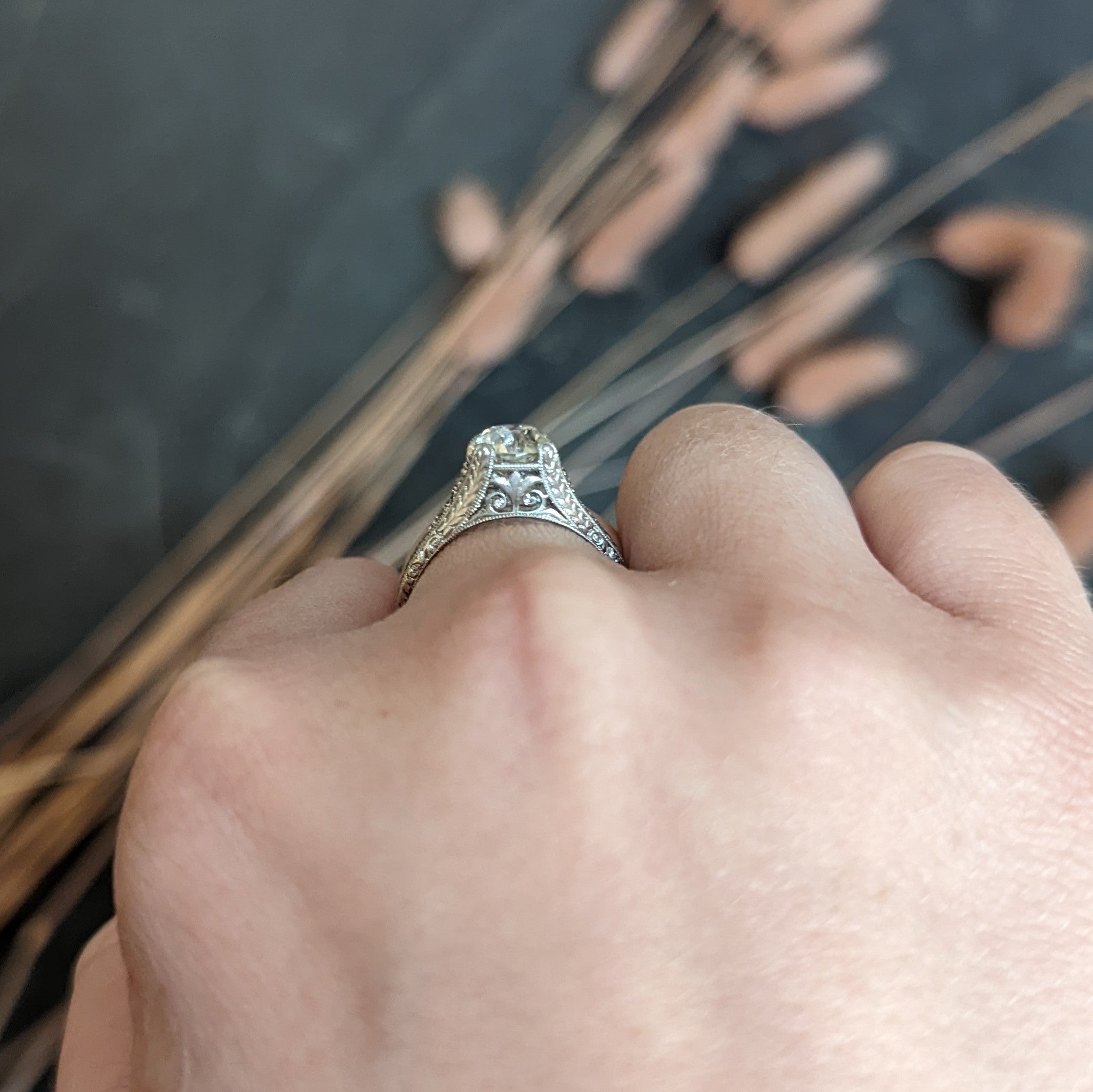 Late Edwardian Wheeler & Co. 1.48 CTW Diamond Platinum Engraved Engagement Ring Wilson's Antique & Estate Jewelry
