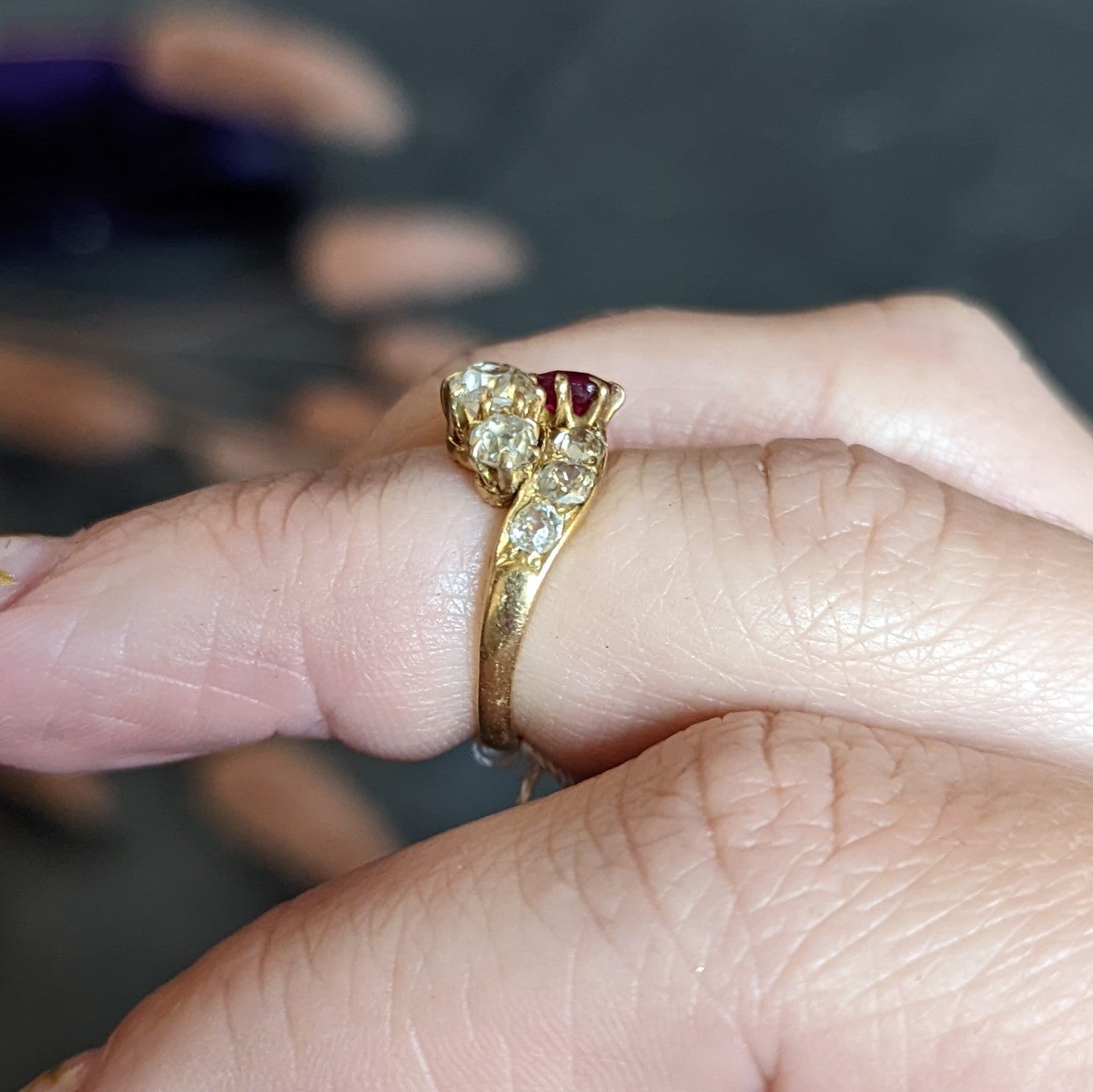 1900 Victorian 1.90 CTW Diamond Ruby 14 Karat Yellow Gold Bypass Ring Wilson's Antique & Estate Jewelry