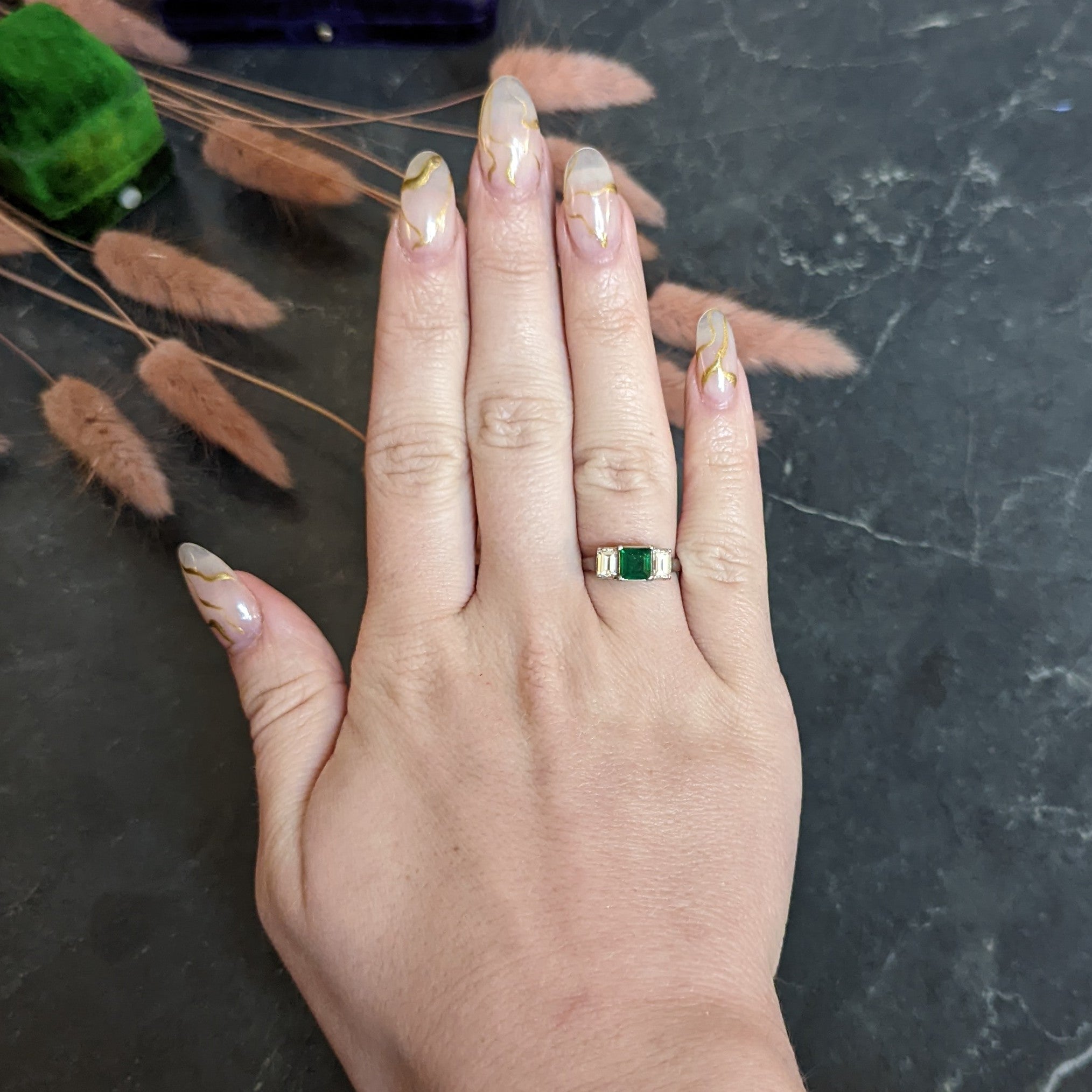 Contemporary 1.44 CTW Emerald Diamond Platinum Three Stone Ring Wilson's Antique & Estate Jewelry