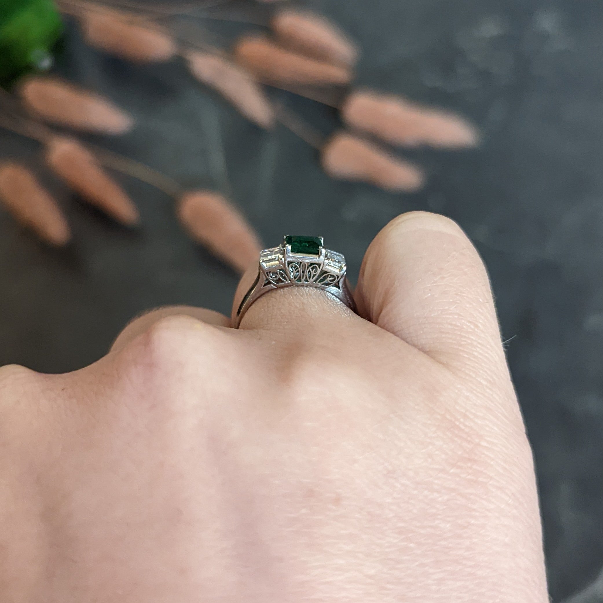 Contemporary 1.44 CTW Emerald Diamond Platinum Three Stone Ring Wilson's Antique & Estate Jewelry