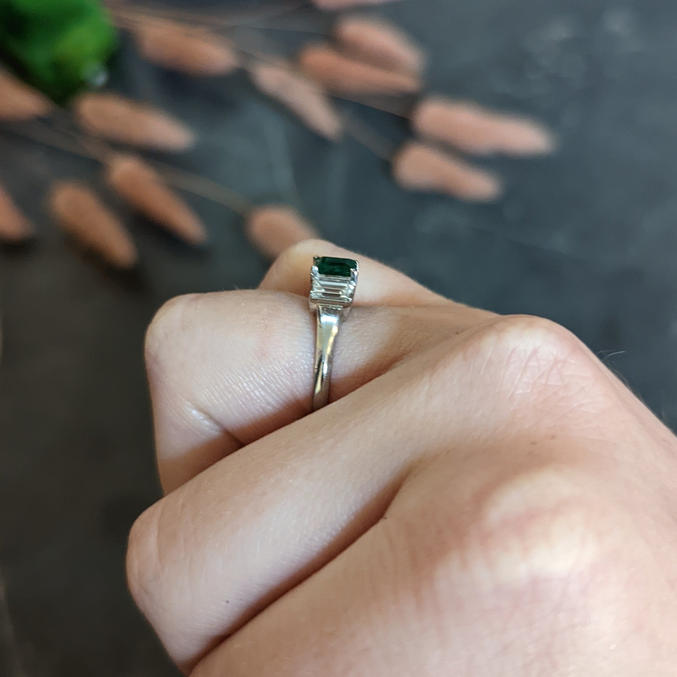 Contemporary 1.44 CTW Emerald Diamond Platinum Three Stone Ring Wilson's Antique & Estate Jewelry