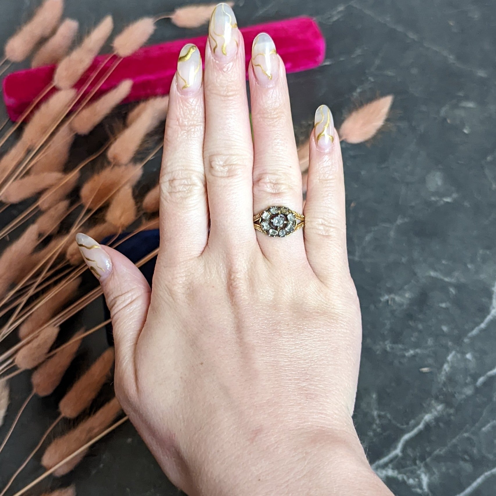 Georgian Table Cut Diamond Silver-Topped 14 Karat Gold Cluster Ring Wilson's Antique & Estate Jewelry