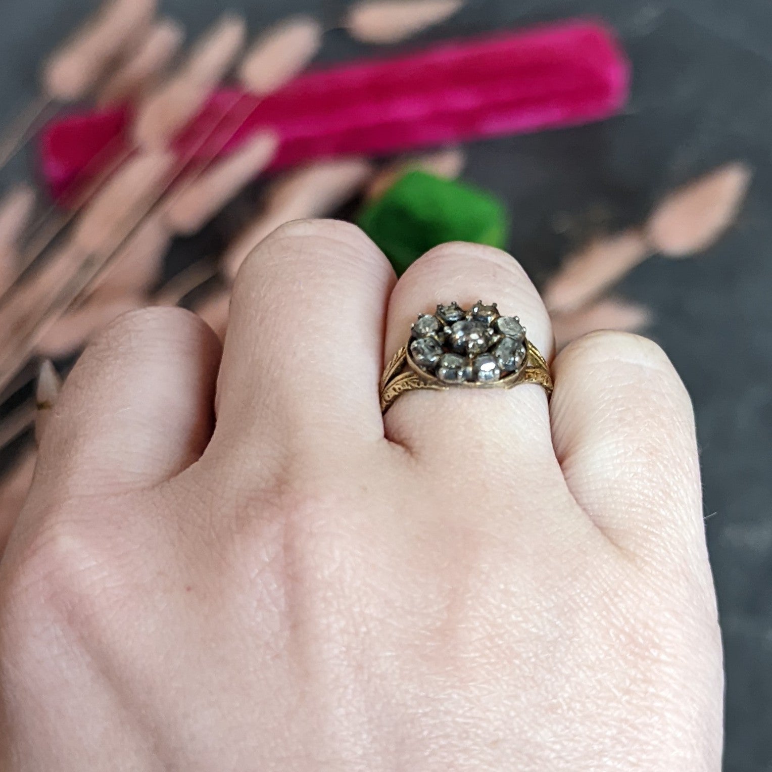 Georgian Table Cut Diamond Silver-Topped 14 Karat Gold Cluster Ring Wilson's Antique & Estate Jewelry