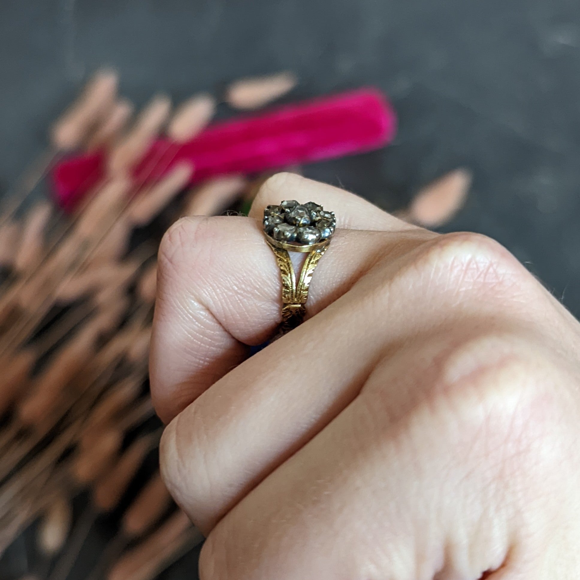 Georgian Table Cut Diamond Silver-Topped 14 Karat Gold Cluster Ring Wilson's Antique & Estate Jewelry