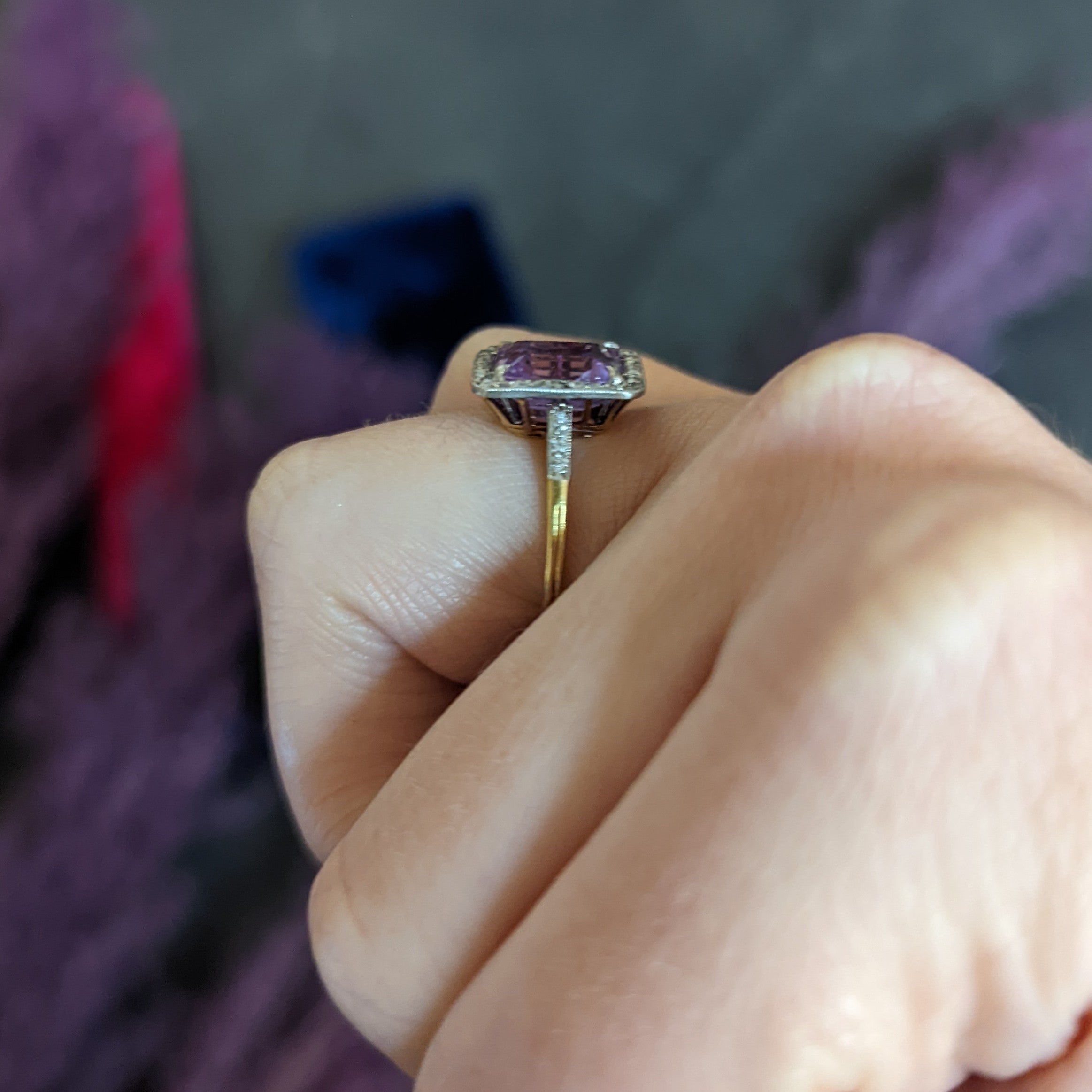 French Edwardian 5.24 CTW No Heat Lavender Sapphire Diamond Platinum 18 Karat Gold Ring Wilson's Antique & Estate Jewelry