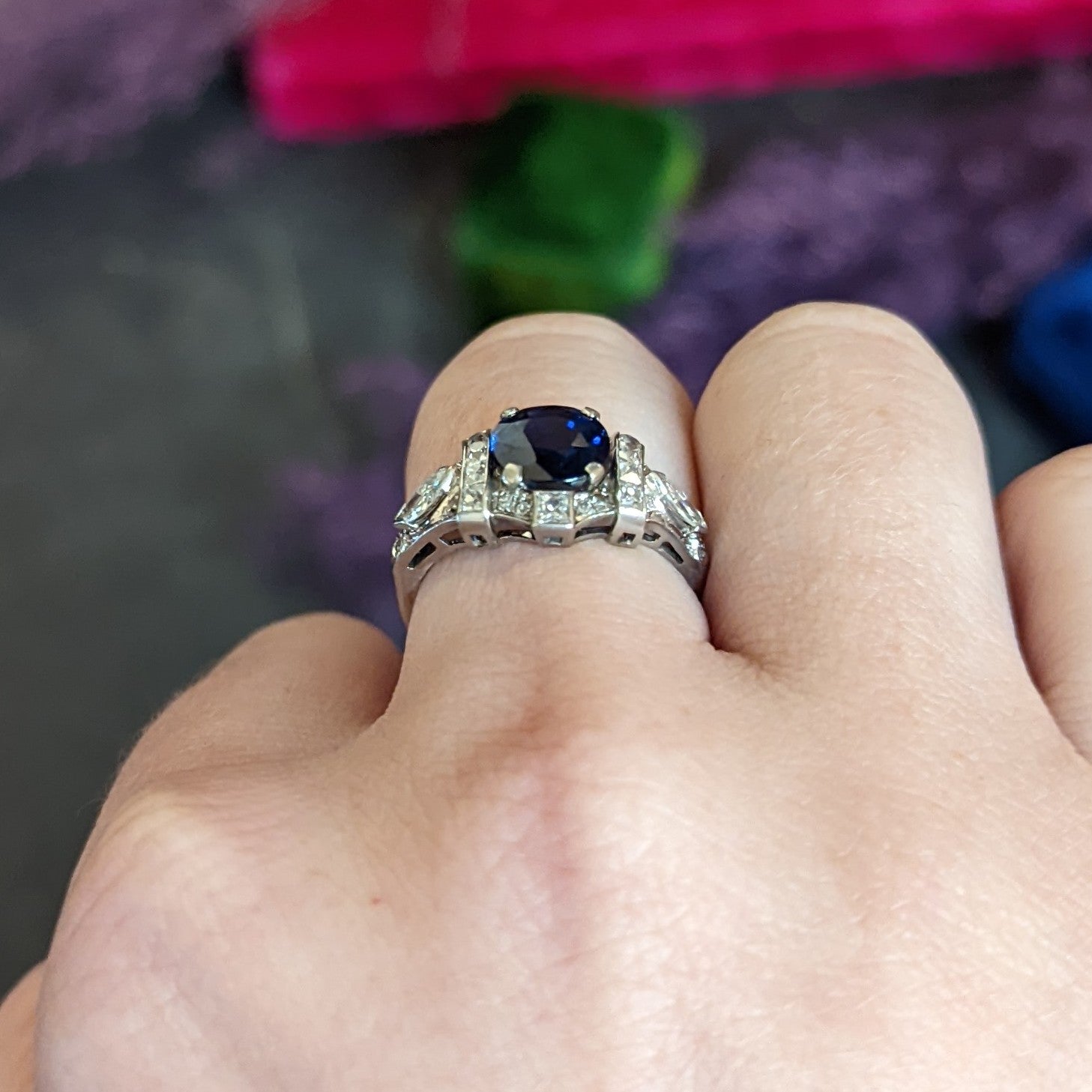 1930's Art Deco 2.95 CTW Sapphire Diamond Platinum Dinner Ring Wilson's Antique & Estate Jewelry