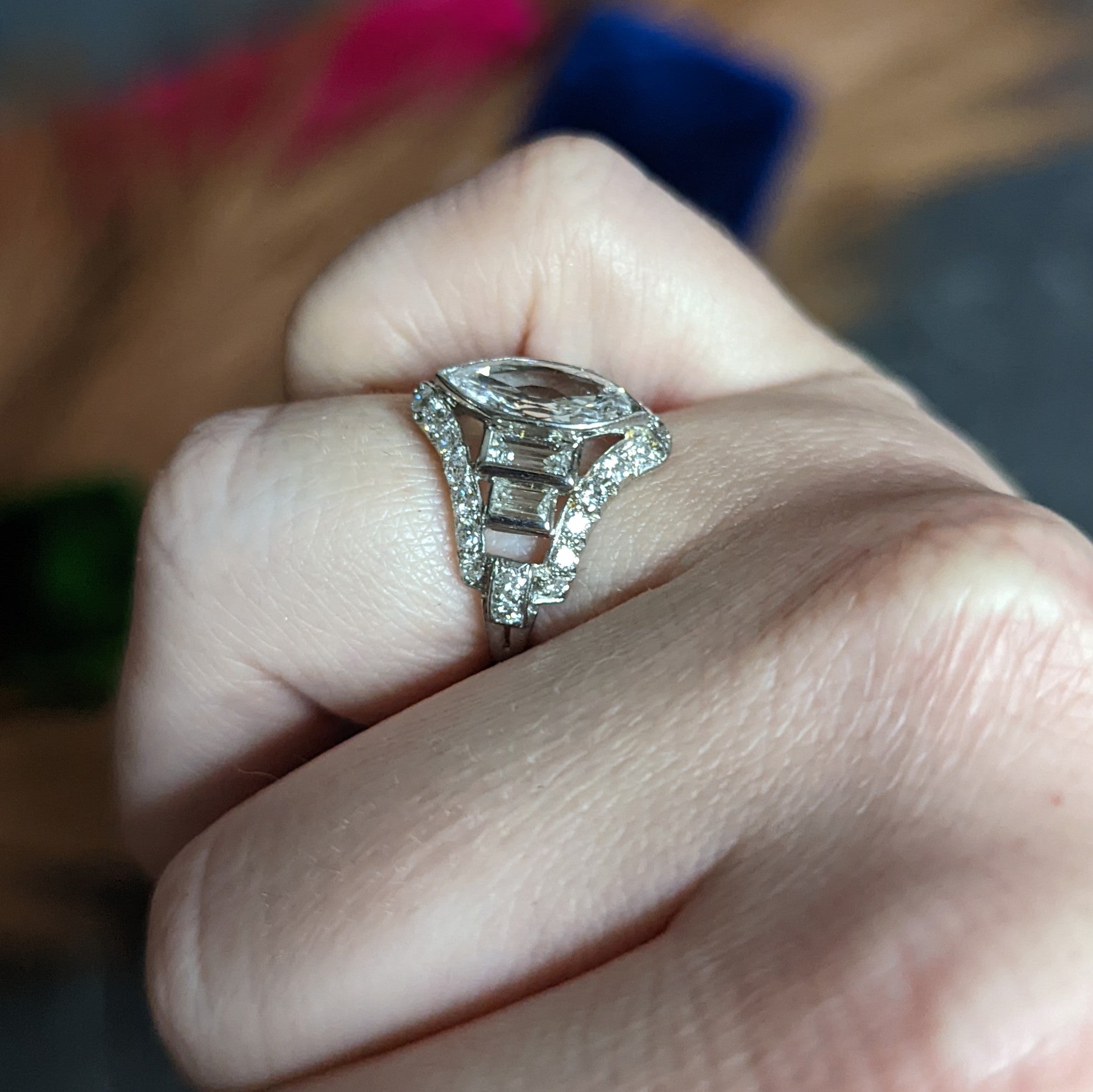 Art Deco 2.70 CTW Marquise Diamond Platinum Band Ring Wilson's Estate Jewelry
