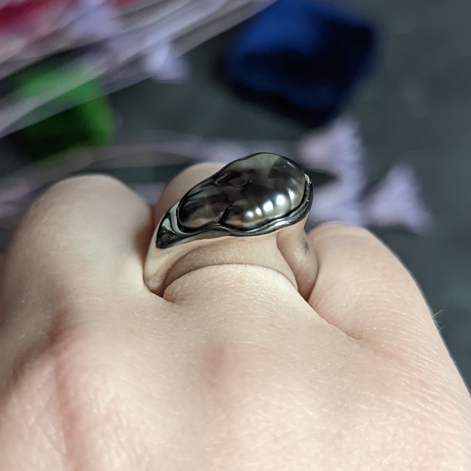 Elsa Peretti Tiffany & Co. Baroque Tahitian Pearl Platinum Ring Wilson's Estate Jewelry