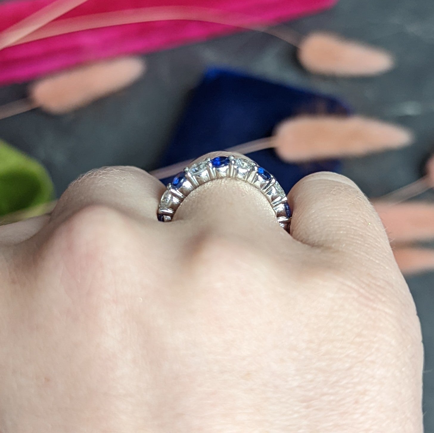 Contemporary 3.80 CTW Diamond Sapphire Platinum Eternity Band Ring Wilson's Estate Jewelry