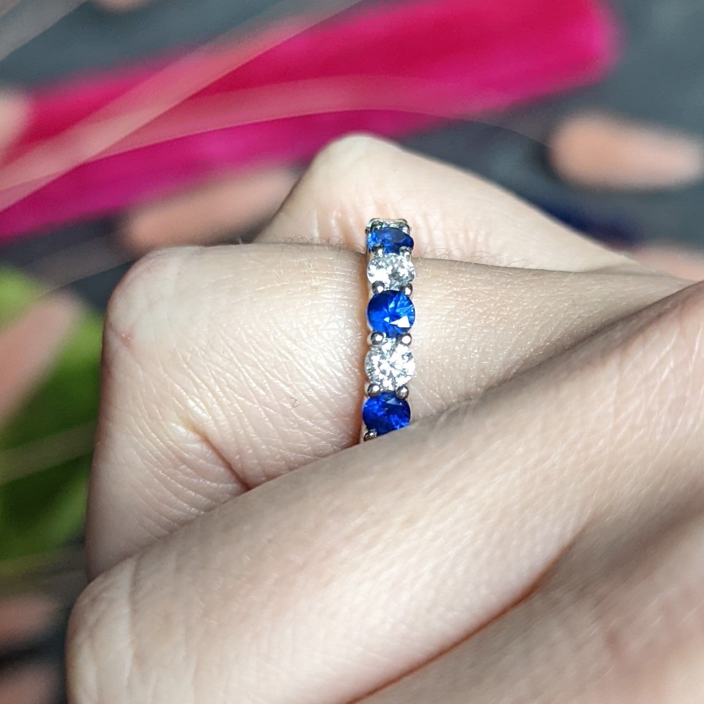 Contemporary 3.80 CTW Diamond Sapphire Platinum Eternity Band Ring Wilson's Estate Jewelry