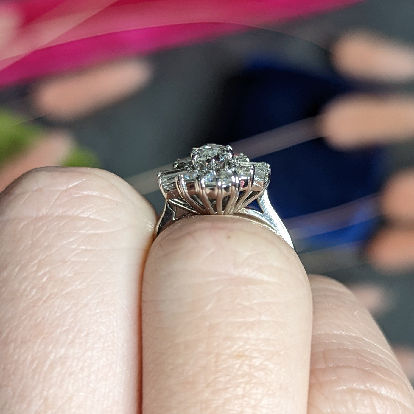 1950's Mid-Century Marquise Diamond 14 Karat White Gold Cluster Engagement Ring Wilson's Estate Jewelry