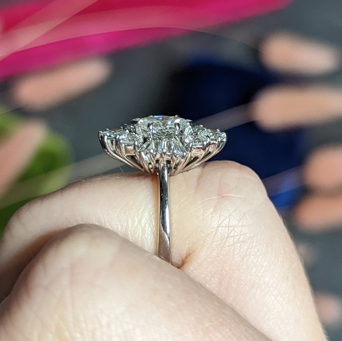 1950's Mid-Century Marquise Diamond 14 Karat White Gold Cluster Engagement Ring Wilson's Estate Jewelry