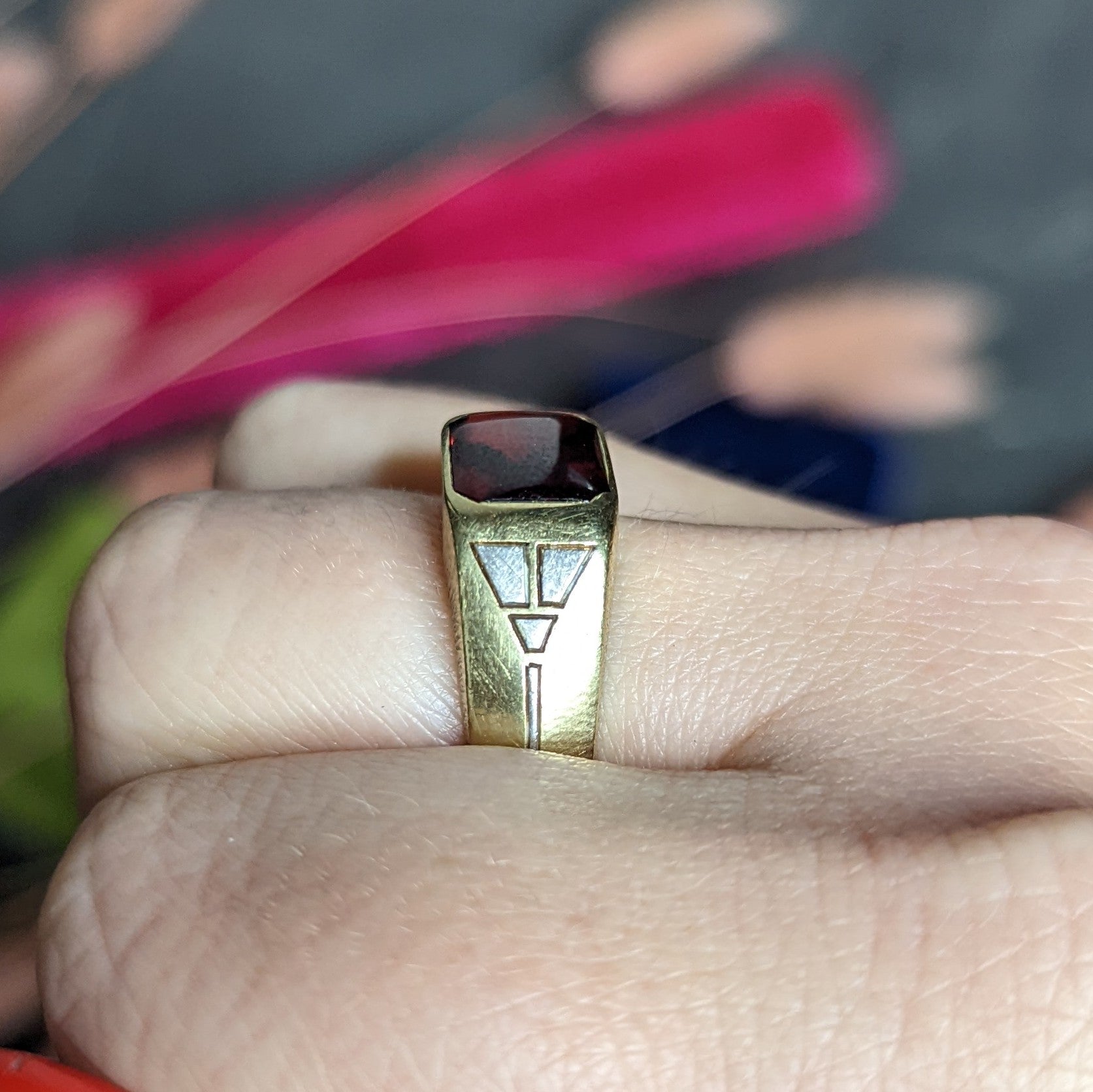 Art Deco Jones & Woodland Co. Almandite Garnet 14 Karat Two-Tone Gold Men's Signet Ring Wilson's Estate Jewelry