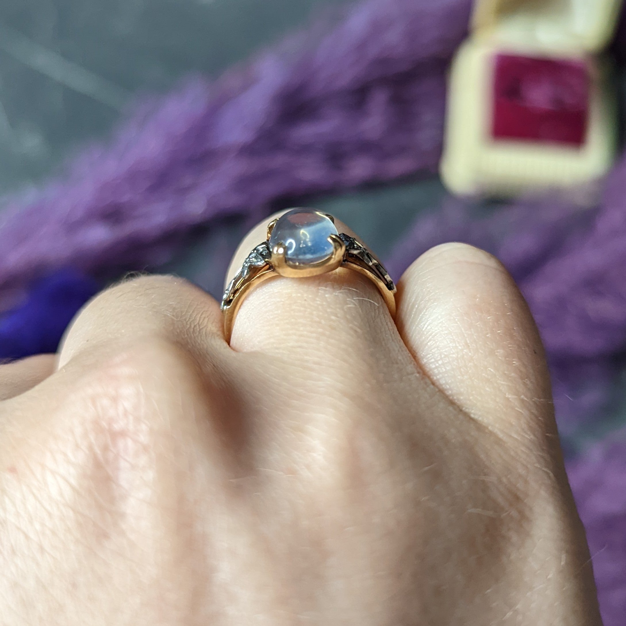 Retro Moonstone Diamond Platinum 14 Karat Rose Gold Gemstone Vintage Ring Wilson's Estate Jewelry