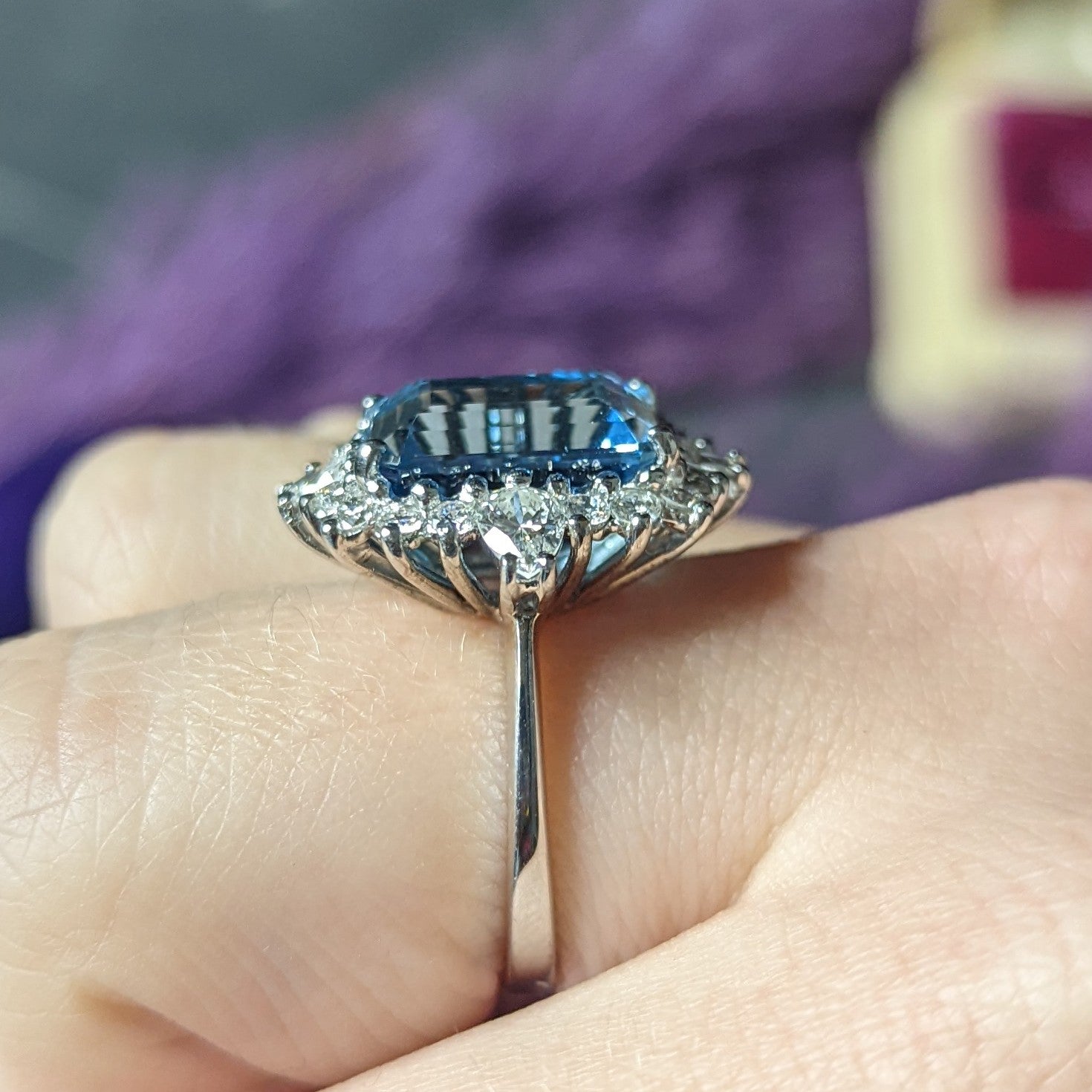Vintage 8.05 CTW Aquamarine Diamond 14 Karat White Gold Cluster Ring Wilson's Estate Jewelry